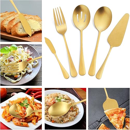 Miniatura 6 de LIANYU Juego de cubiertos de oro mate de 77 piezas con cuchillos para carne y utensilios de servir, moderno juego de cubiertos de acero inoxidable