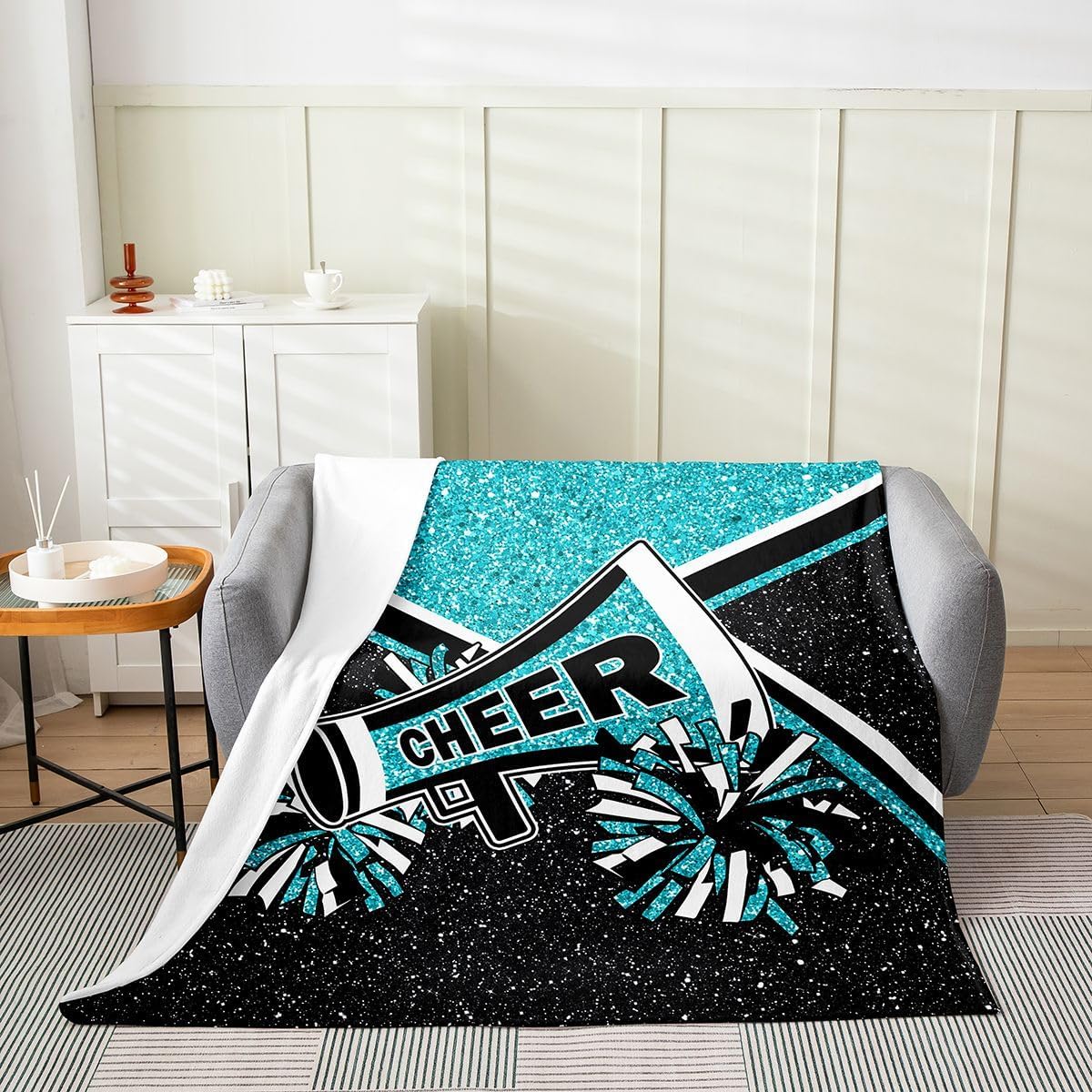 Homewish Cheerleading Themed Throw Blanket Twin 60x80 Cartoon Glitter Blue Stars Decor Fleece Blanket for Kids Girls Teens Cheerleaders Silhouette Dreamy Grily Flannel Blanket for Party Couch