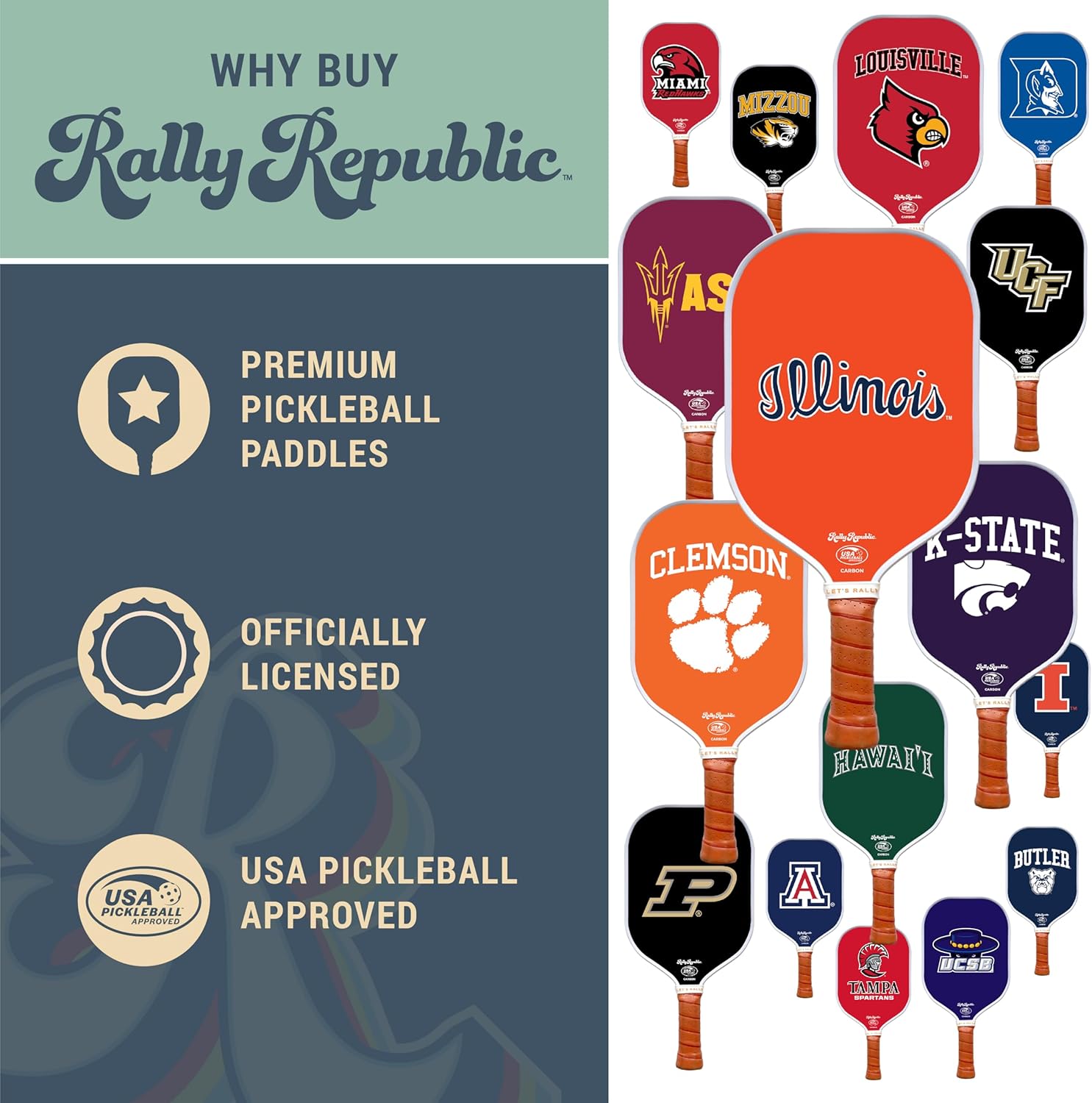 Officially Licensed Collegiate Pickleball Paddle - USA Pickleball Association Approved Racket - Lightweight Honeycomb Core, Carbon Fiber Exterior, Premium Leather Grip for Comfort
