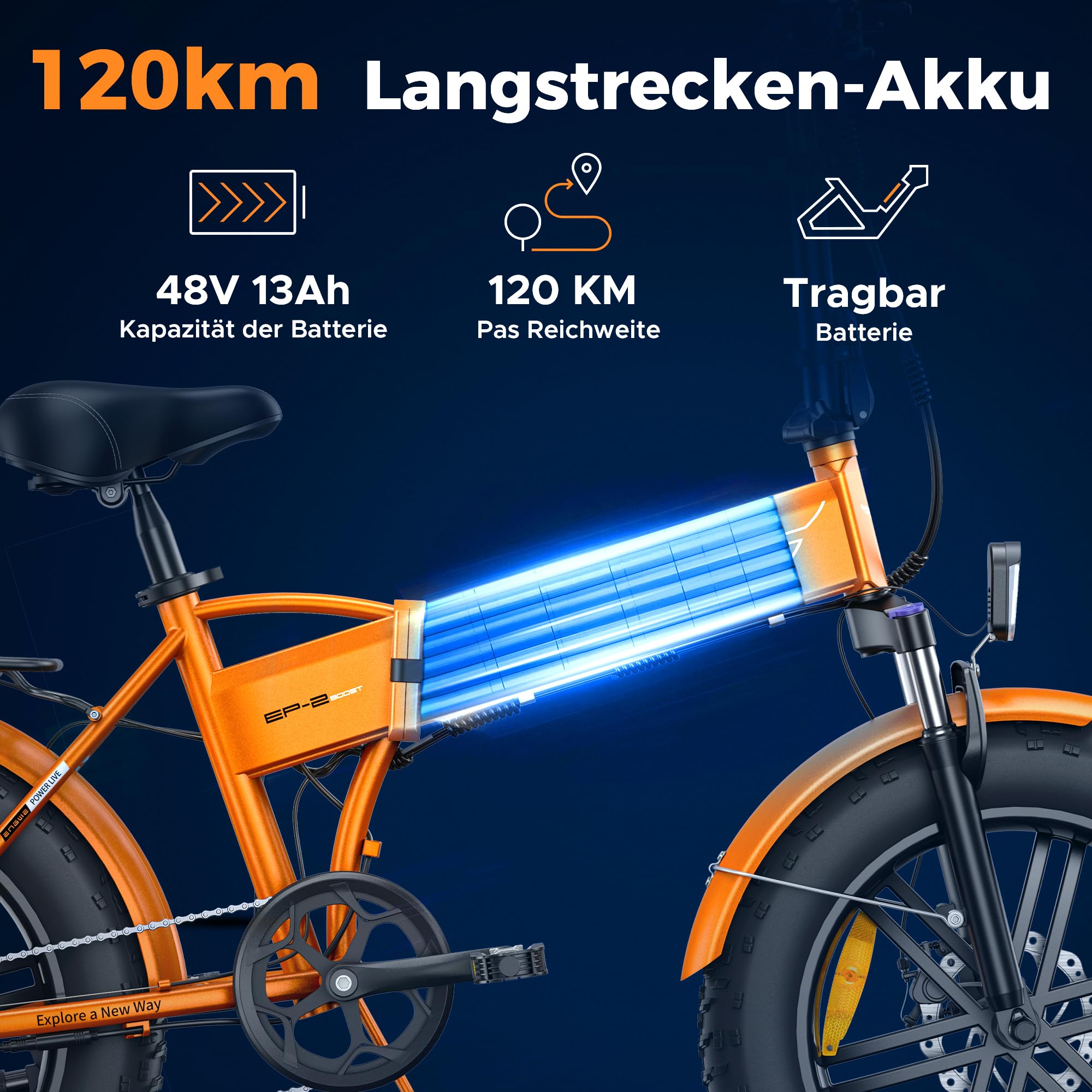 ENGWE EP-2 Boost Klappbares Elektrofahrrad mit Drehmomentsensor, 48V 13Ah Herausnehmbarer Akku Reichweite 120KM und 250W Bürstenlosem Motor, LED-Display, 20" x 4.0" Fat-Tires und 7 Gang
