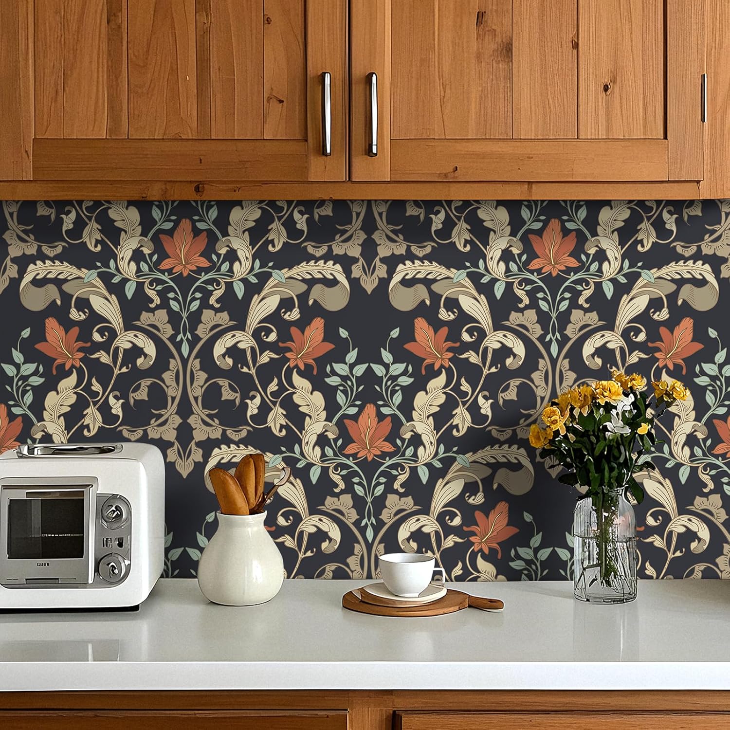 Stickyart Gothic Damask Wallpaper Peel and Stick Antique Victorian Dark Flower Scroll Acanthus Leaf Botanical Wallpaper William Morris Removable Vintage Art Nouveau Contact Paper for Cabinet 17.5"x80"