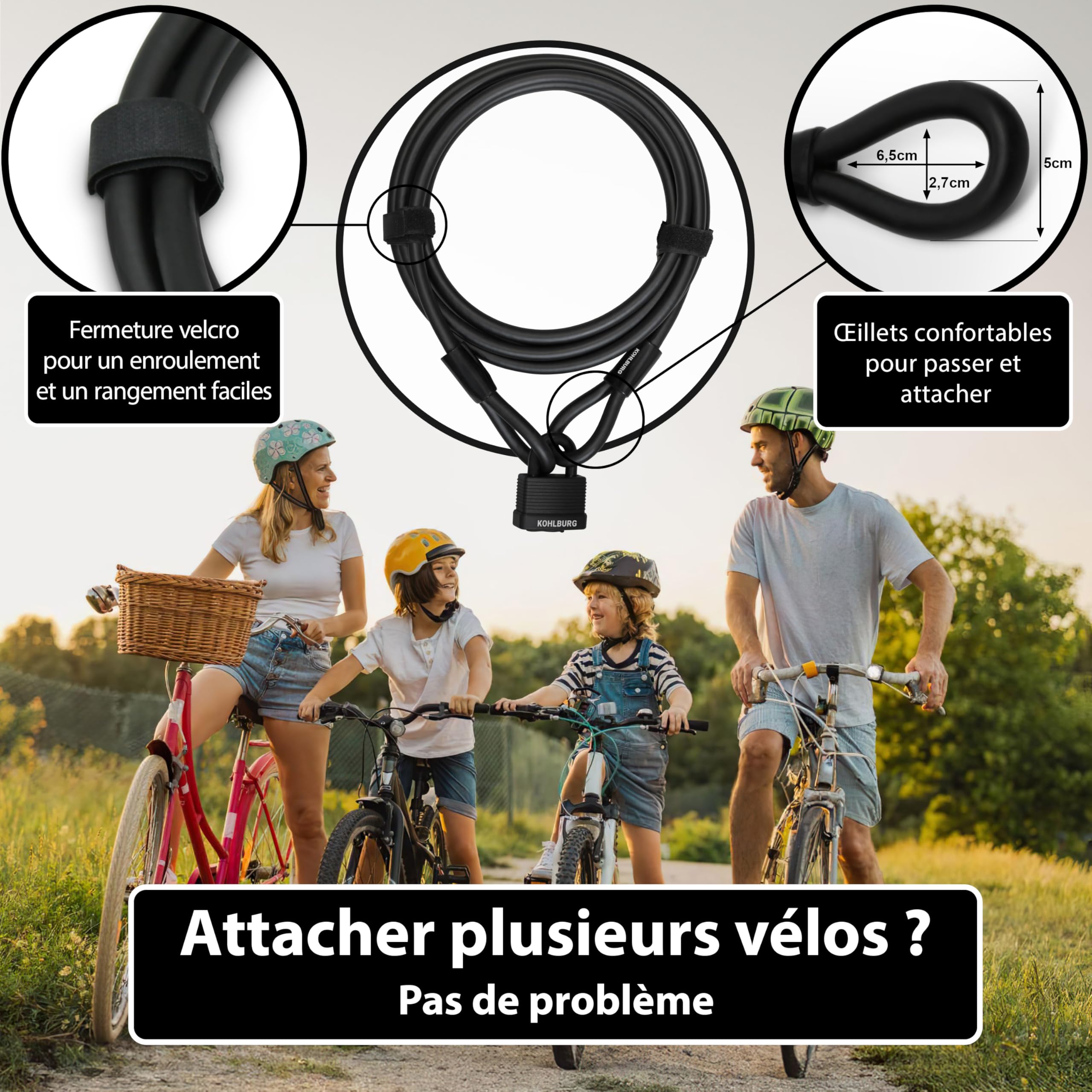 KOHLBURG Cable antivol de 5 mètres – cadenas velo à 3 clés – 500 cm de long | Câble 5 m pour vélo & mobilier de jardin – fermeture par simple pression – comme anti vol vélo, antivol remorque et poussette