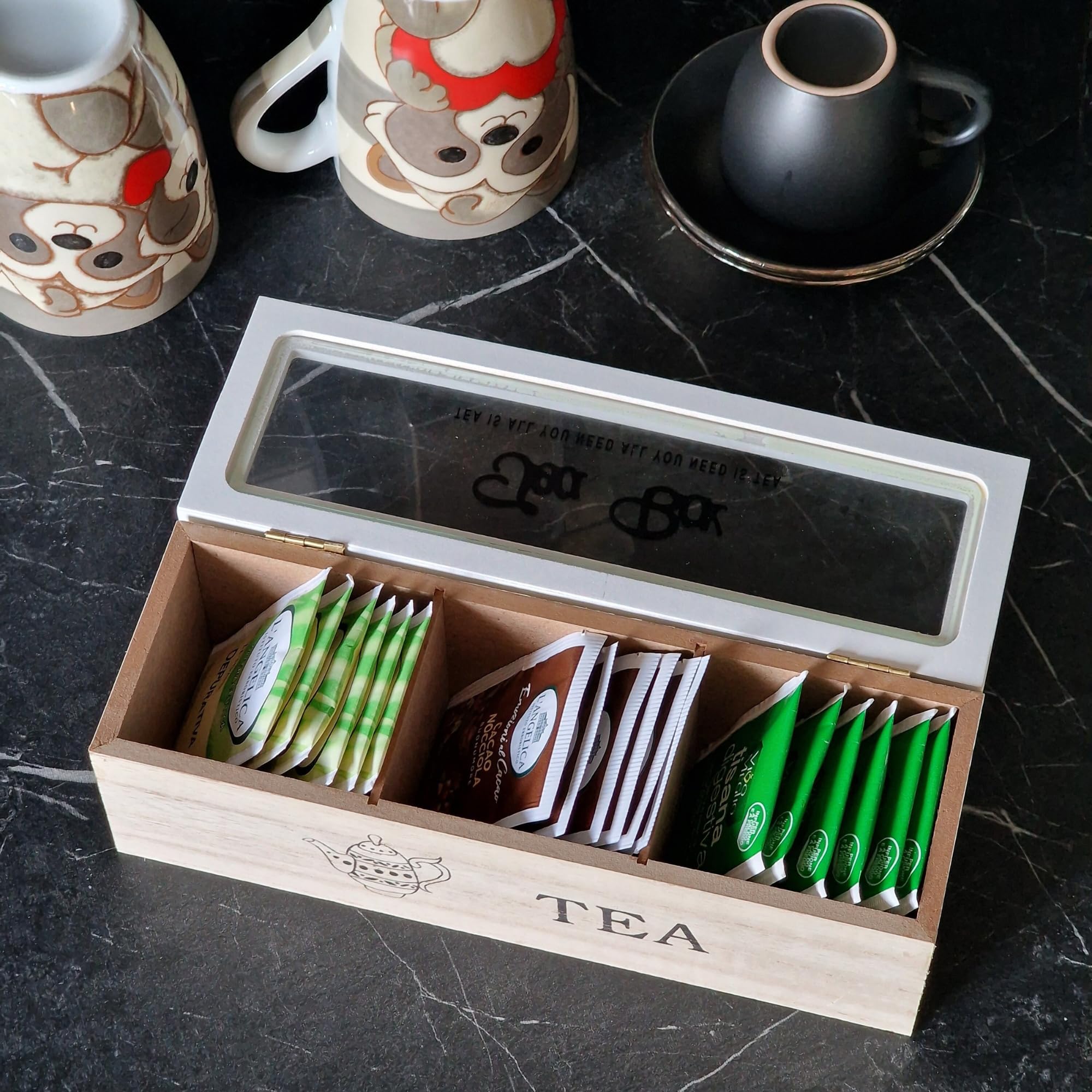 Caja portar infusiones de madera, 3 Tea Box, bolsitas blancas 24 x 8 x 7 cm