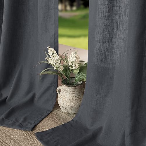 Miniatura 7 de Cortinas de lino gris oscuro de 84 pulgadas de largo para sala de estar, comedor, 2 paneles con bolsillo con pestaña trasera, filtrado de luz,