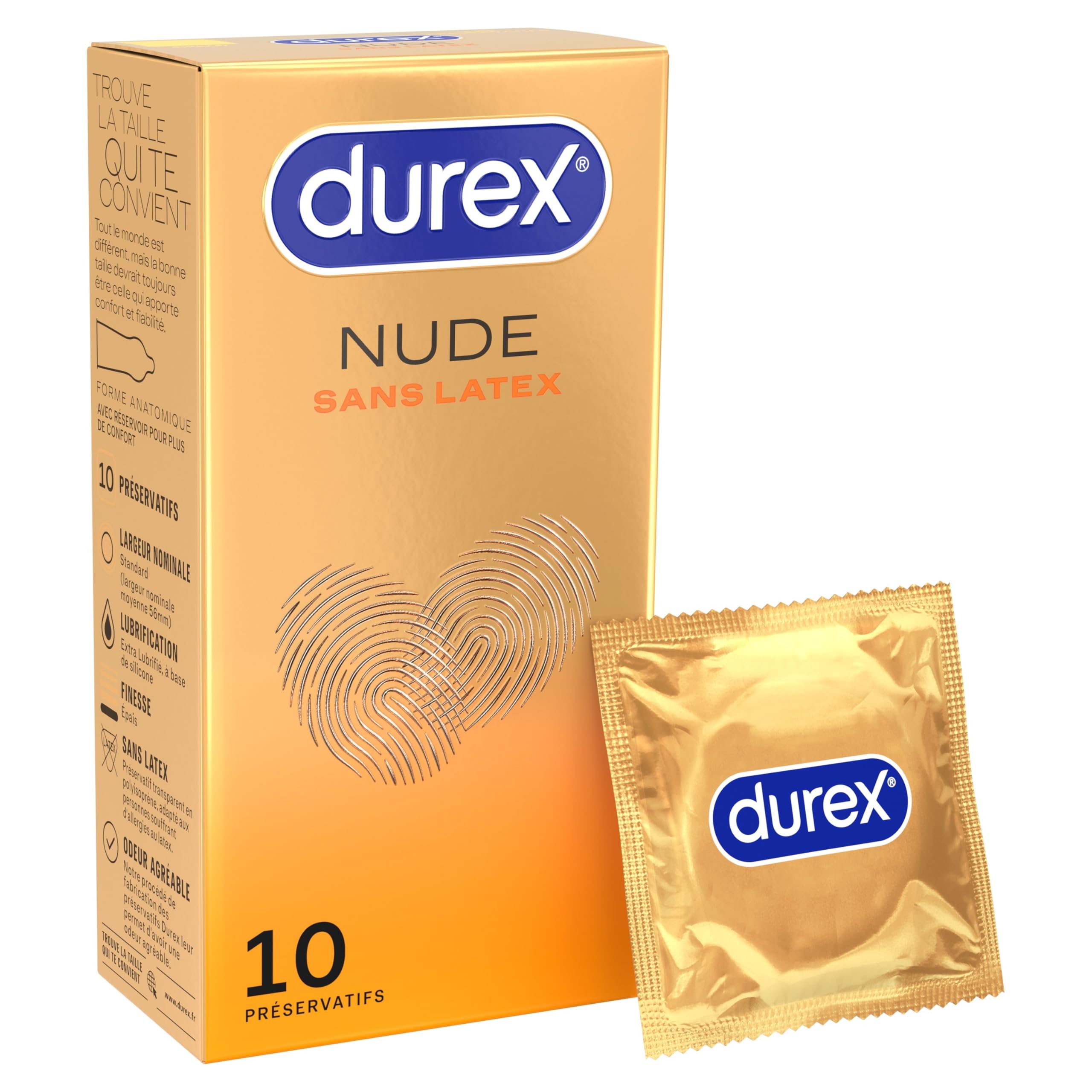 Durex Nude Sans Latex - 10 Préservatifs Extra Lubrifiés - Taille Standard - Convient aux personnes allergiques au latex