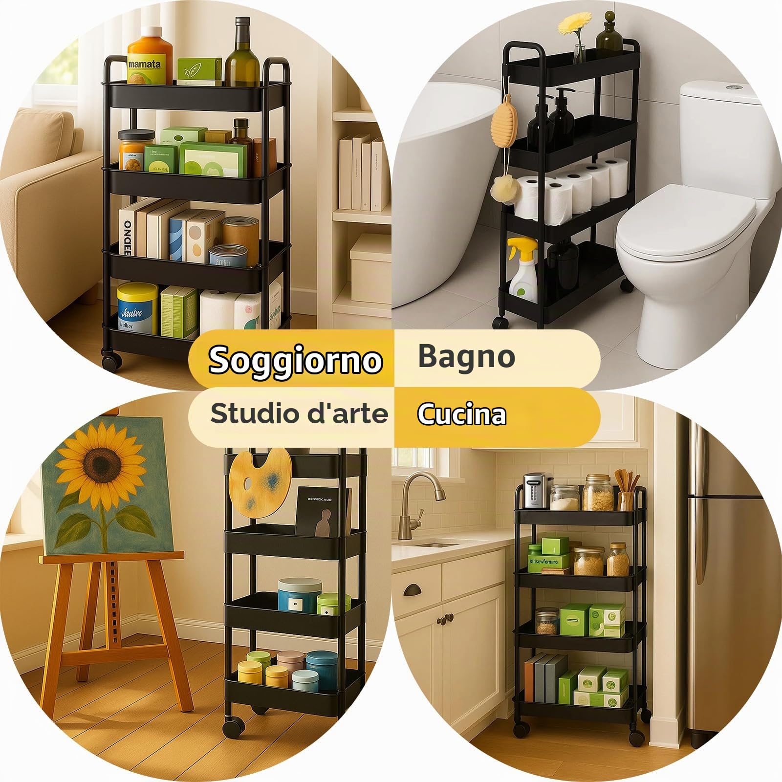 powerking 4-Tier Rolling Utility Cart, Scaffali mobili multifunzionali di stoccaggio con maniglia, Carrello organizzatore mobile per ufficio, Bagno, Soggiorno, Cucina, Luoghi stretti (Nero, 4-Tiers)