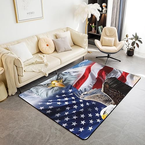 Miniatura 11 de jejeloiu Tapete de interior con bandera americana, 5 x 7 pies, ametralladoras, alfombra decorativa militar para sala de estar rojo, azul, negro (Red