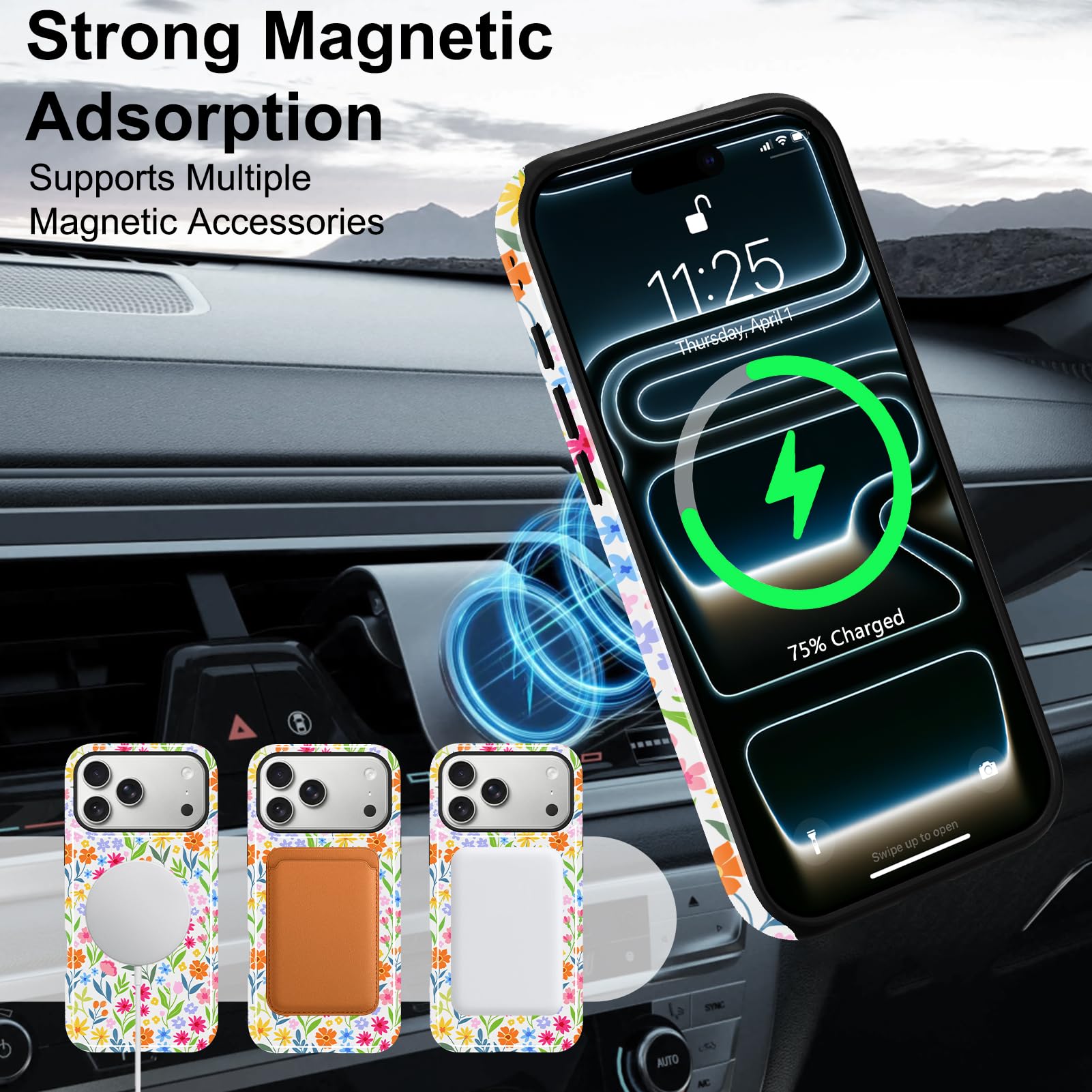 Fiyart Funda magnética para iPhone 17 Pro Max, diseño floral con soporte para correa de muñeca, bonito patrón de flores compatible con MagSafe, soporte de agarre manos libres, antideslizante, a prueba