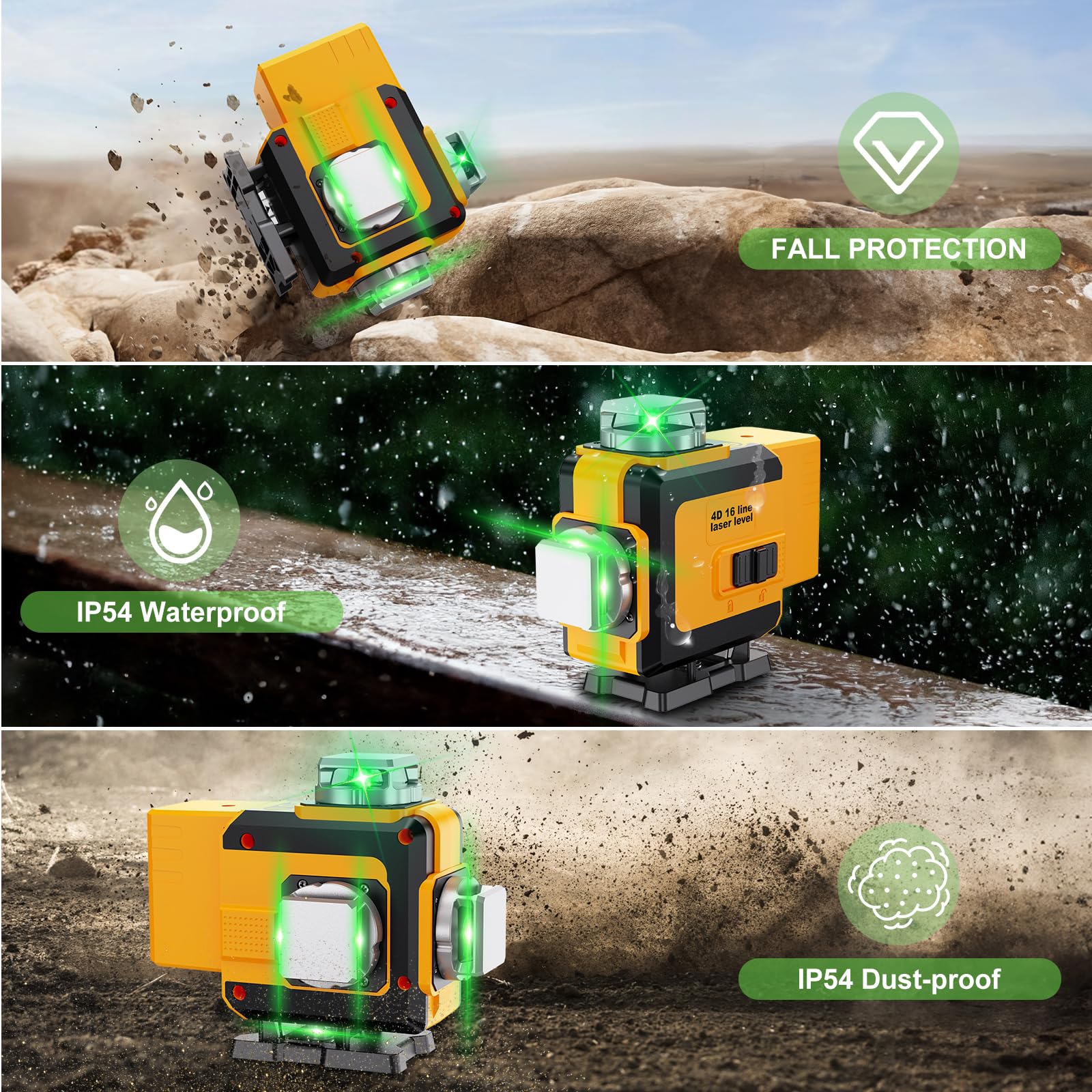 Livella Laser Autolivellante 4 X 360° Verde, Impermeabile, ±3° Livellamento Automatico, Per Costruzione e Appendere Quadri, 2 * 4800mAh batterie (16 Linee)
