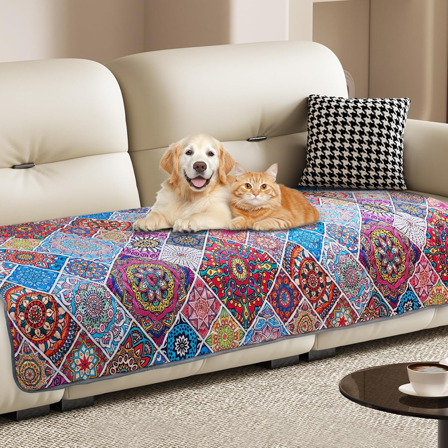 Waterproof Dog Blanket, Bohemian Dog Bed Cover Pet Blanket, Reversible Sofa Couch Cover for Dogs Washable, Protect Furniture Bed Couch Sofa for Puppy Cat (Colorful Medallion, 30×70 Inch)
