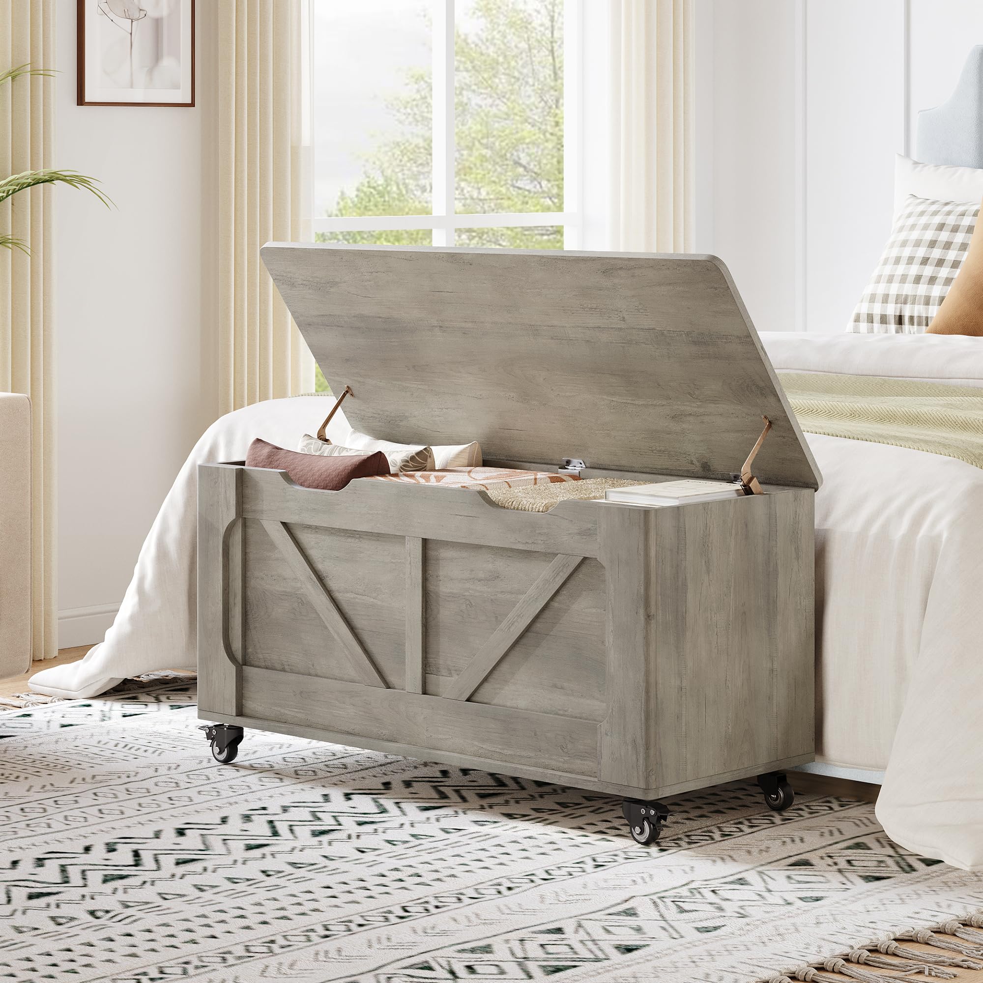 100x50x40cm Banc Coffre de Rangement en Bois sur roulettes – capacité 160 kg, Angles arrondis, charnières de sécurité – Style Moderne Rustique pour entrée, Salon ou Chambre