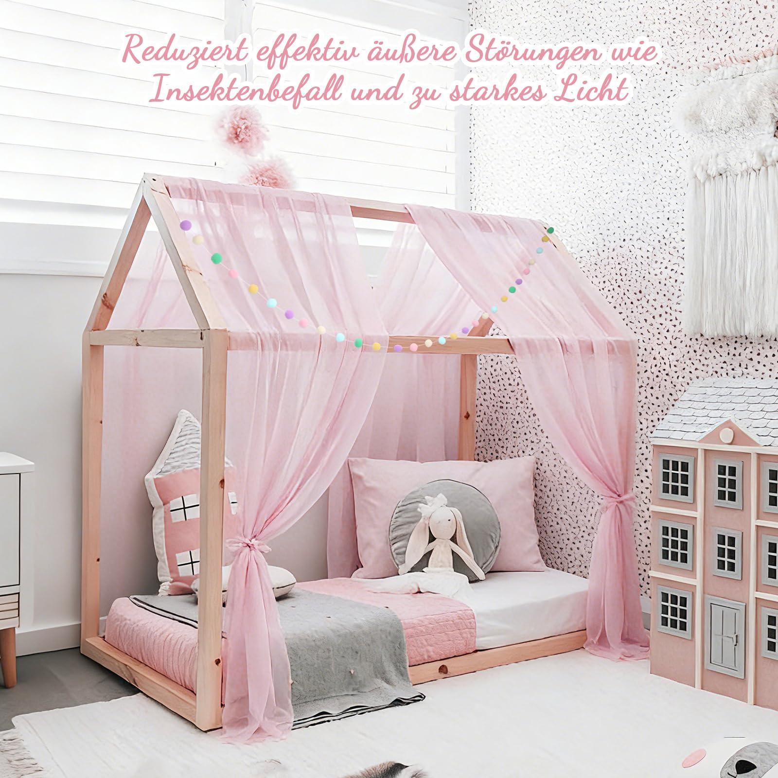 2 pezzi Tenda da letto a baldacchino per lettino bambini, 160x350cm con ghirlanda di pompon colorata e fasce di fissaggio, tende leggere e traspiranti per decorazione (Rosa)