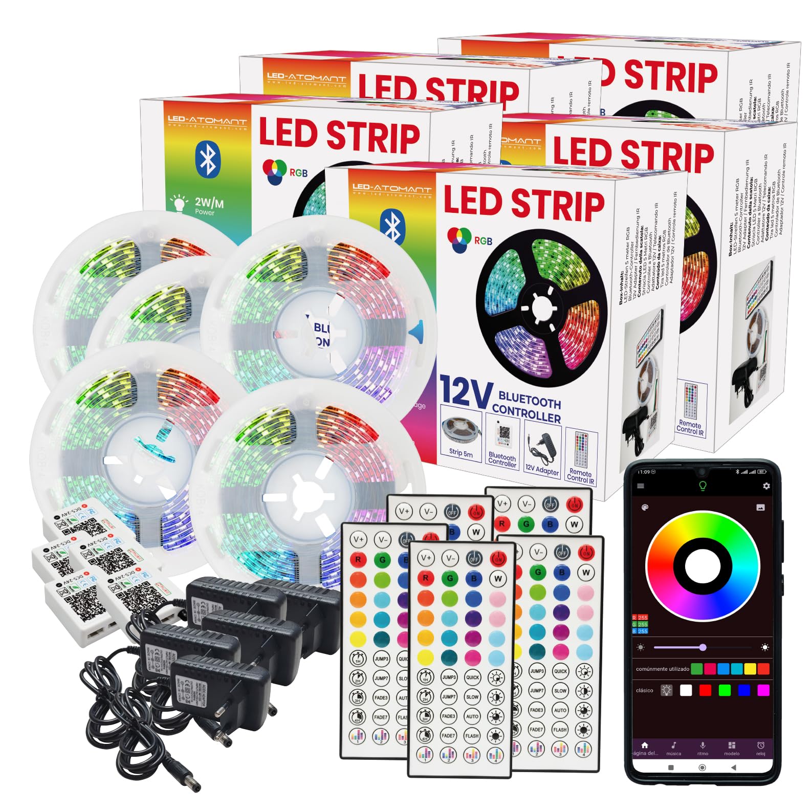 LED ATOMANT 5x Rollo 5m de Tira Luz LED Bluetooth RGB 12V APP y Mando | Sincronizacion musical, Modos dinamicos, 16 millones de colores