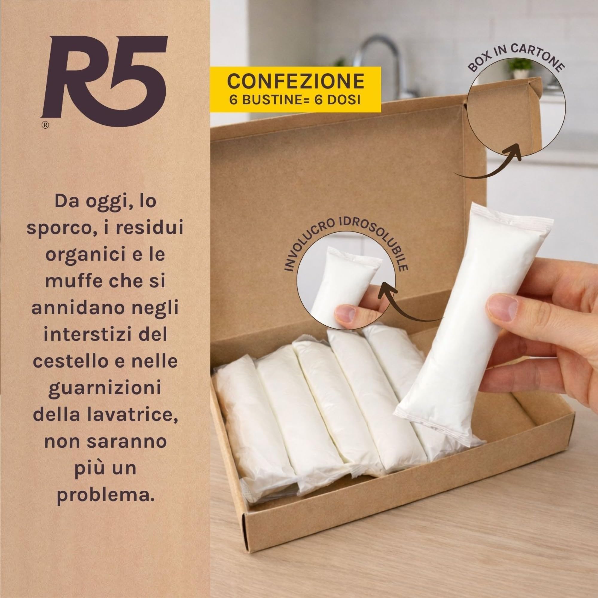 R5, Cura Lavatrice, 12 Dosi, Additivo per Pulizia e Cura della Lavatrice con Microrganismi Effettivi Selezionati, Rimuove Residui Organici e Cattivi Odori, 2 x 6 Dosi