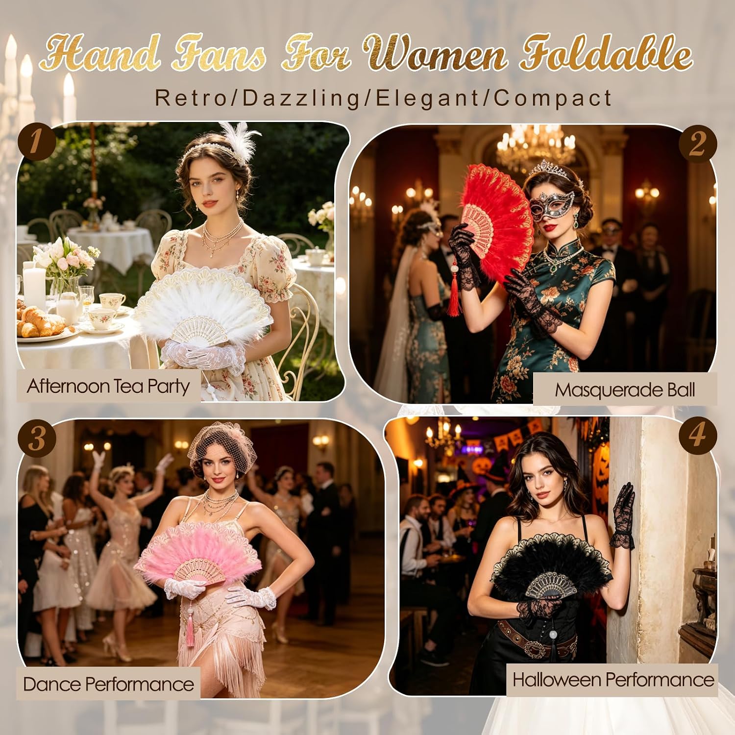 Feather Fan for 1920s Gatsby Party with Lace Glove Renaissance Hand Fan for Wedding Rave Costume Dancing Accessories