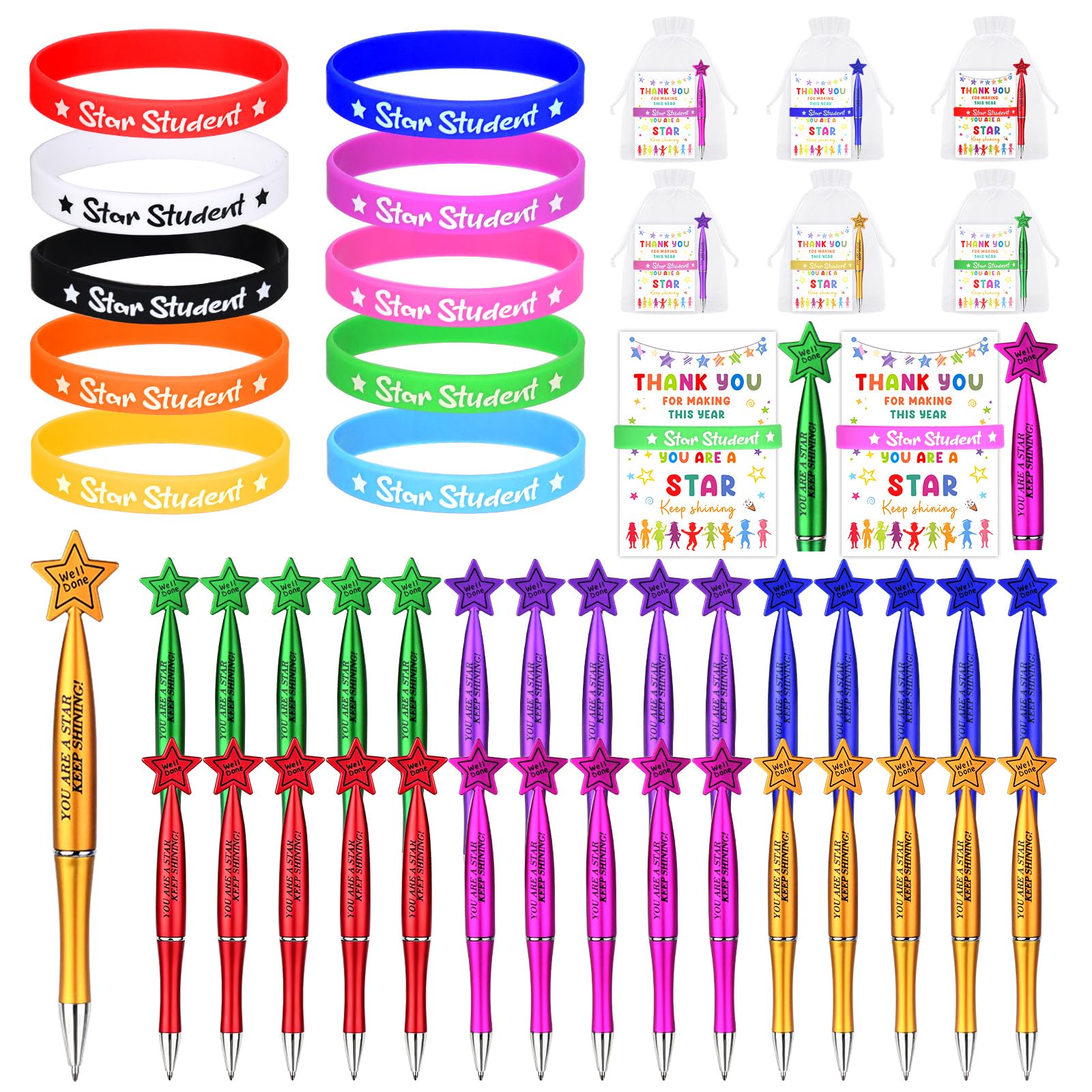 Sunwuun 30Pac End of Term Gifts for Children,Star Motivational Pen and Wristbands Set,Ideal End of Year Gifts for 30 Students,Graduation Gifts for Students from Teachers,School Leavers Gift