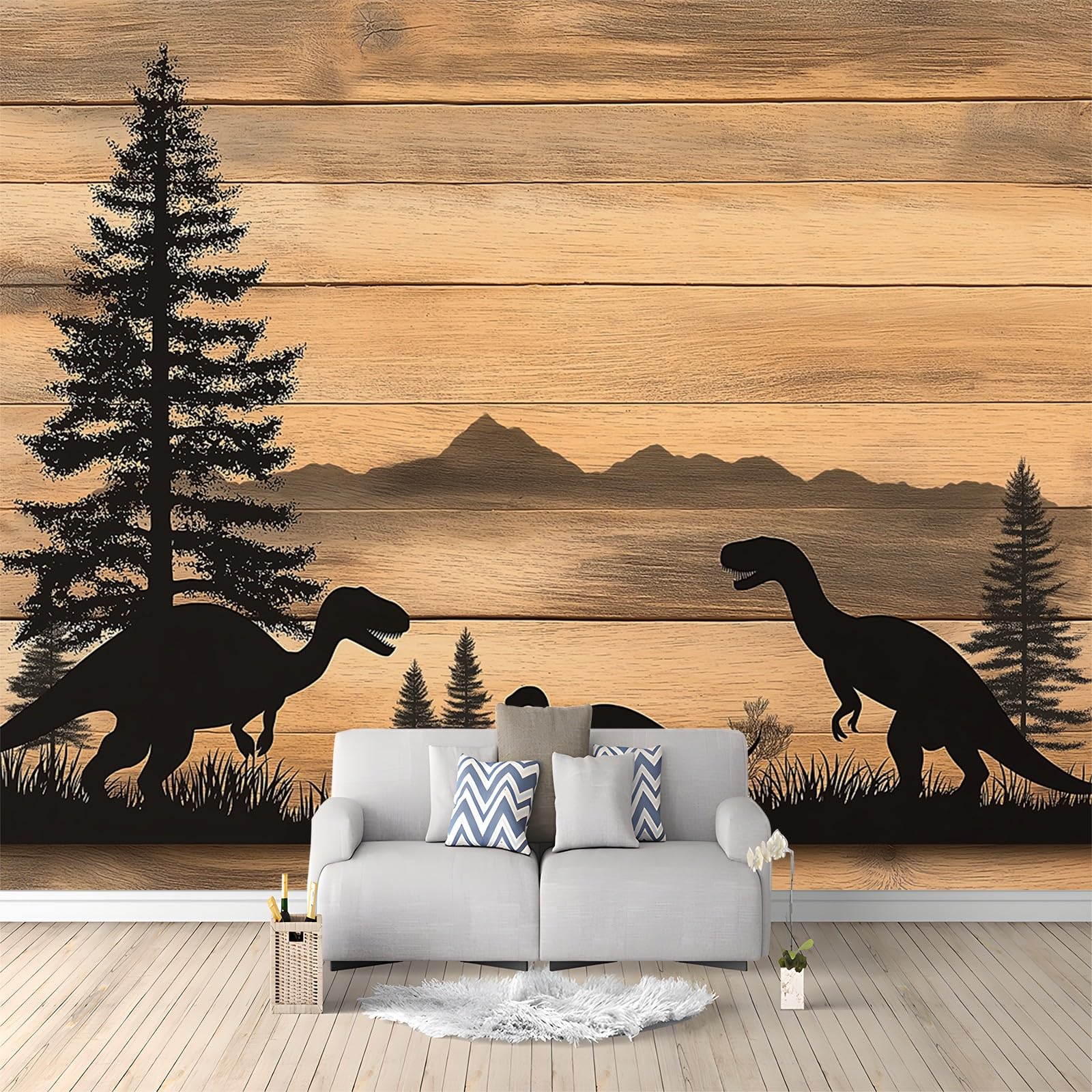 Fototapeta, sosna, dinozaur, drewniana deska, 350 x 256 cm, włóknina, fototapeta, duży plakat 3D, sypialnia, salon, sofa, tło telewizyjne, murale, tapeta