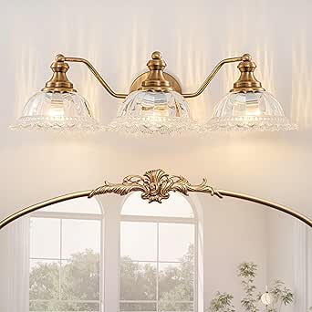 JIMKIGTO 3-Light Vintage Bathroom Vanity Light Fixtures, Gold Bathroom Light Fixtures, Matte ...