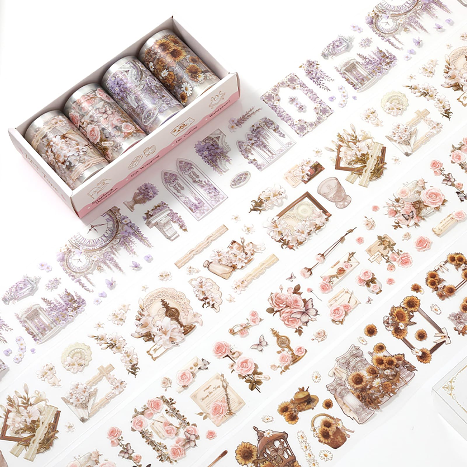 4 Rolls Pre-Cut Pet Flower Tape Sticker Flower Vintage Sticker Decorative Tape Aesthetic Sticker Journaling Scrapbooking Supplies