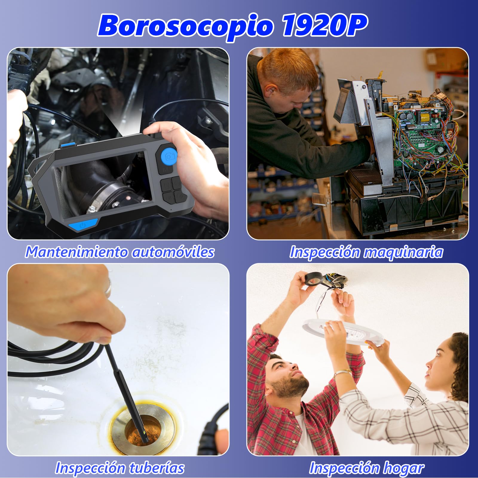 Endoscopio Camara de inspeccion 1920P HD, Doble Lente y rotación 720°, Cámara Endoscópica con Pantalla IPS de 4,5 Pulgadas y IP68, 8+1LED (2M)