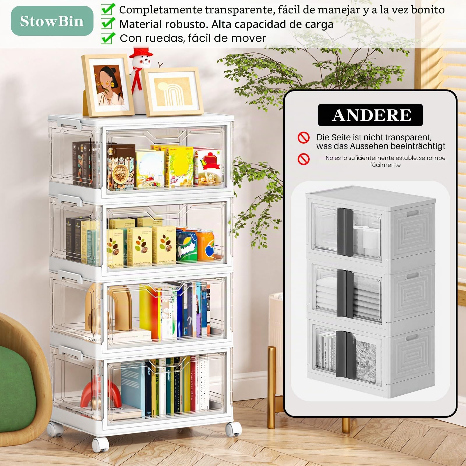 Cajas de almacenamiento con tapa – Cajas apilables de plástico de 4 niveles, 23 L, transparentes, grandes contenedores organizadores para dormitorio, salón, baño, 4 capas y 1 tapa