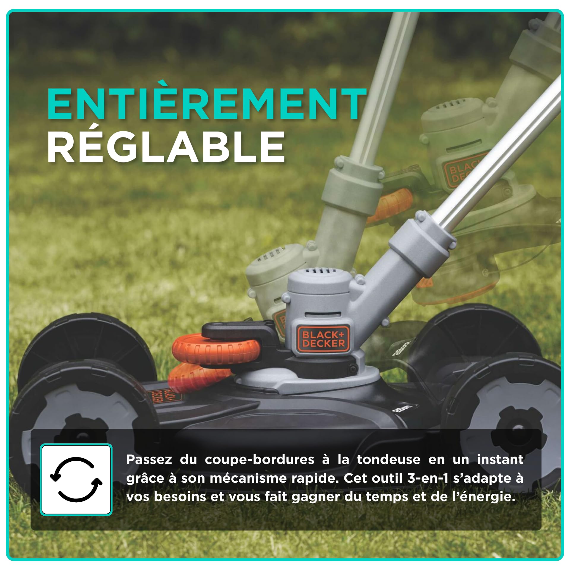BLACK+DECKER Coupe-Bordures sans Fil 18V POWERCONNECT 3-en-1 – Coupe-Herbe, Dresse-Bordures & Tondeuse légère pour Petits Jardins – STC1820CM-QW