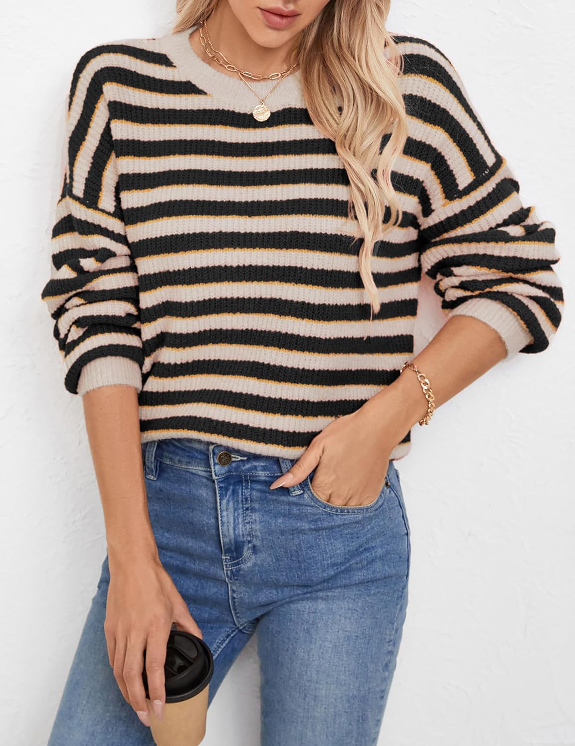 Womens Oersized Striped Crewneck Ribbed Knit Sweater Spring 2026 Ladies Dressy Long Sleeve Pullover Sweaters - Image 2