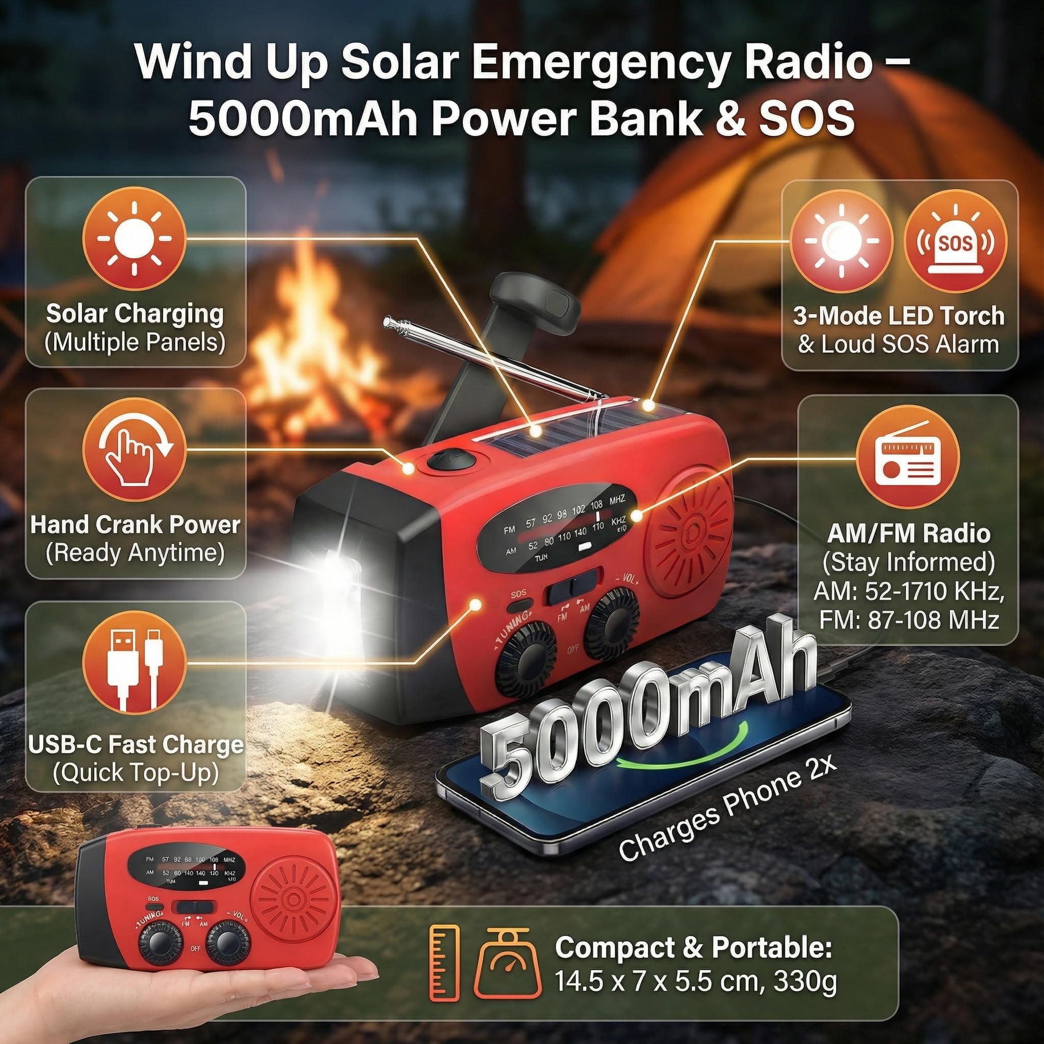 Radio Solar de Emergencia 5000mAh, ZDAGELD Radio Manivela Am/FM, Portátil Power Bank con Linterna LED, USB-C, SOS, Equipo de Supervivencia para Camping, Senderismo y Cortes de Luz