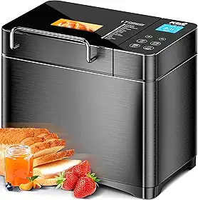 KBS Máquina de fazer pão 17 em 1 com aquecedores duplos, máquina de pão 710W com configuração sem glúten, dispensador automático de porca de frutas, painel de cerâmica e toque panela, 3 cores de crosta, aço inoxidável escovado/preto