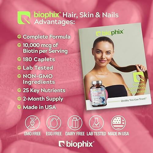 Miniatura 3 de biophix Complejo para el cabello, piel y uñas, 180 cápsulas con 10,000 mcg de biotina, multivitamínico que apoya las uñas fuertes, cabello hermoso y