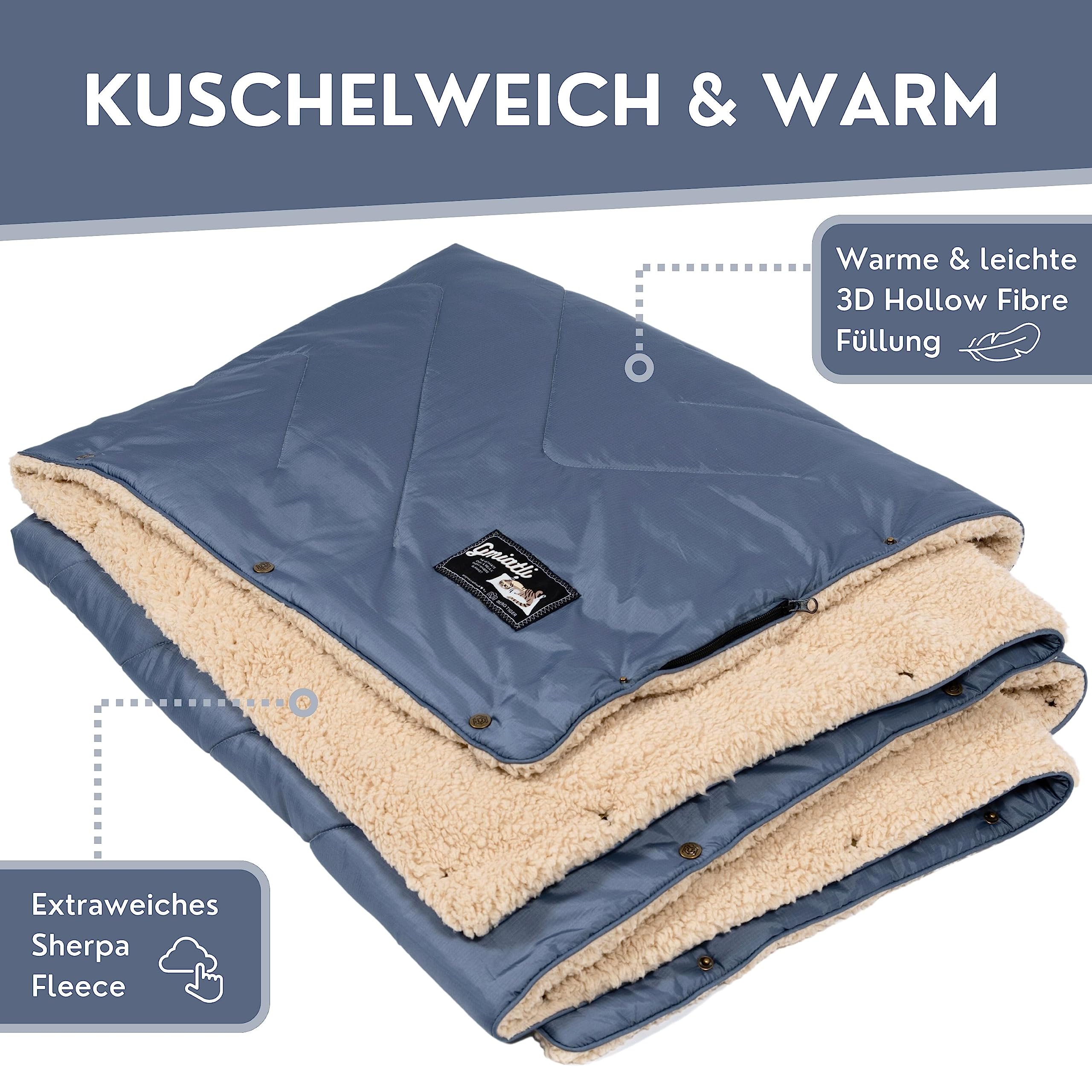 GMIATLI - 3in1 Outdoor Decke warm & gemütlich I Camping Decke wasserabweisend + Teflon EcoElite I Reisedecke Ultraleicht I Indoor & Outdoor Decke, Poncho & Schlafsack I Sherpa & Ripstop