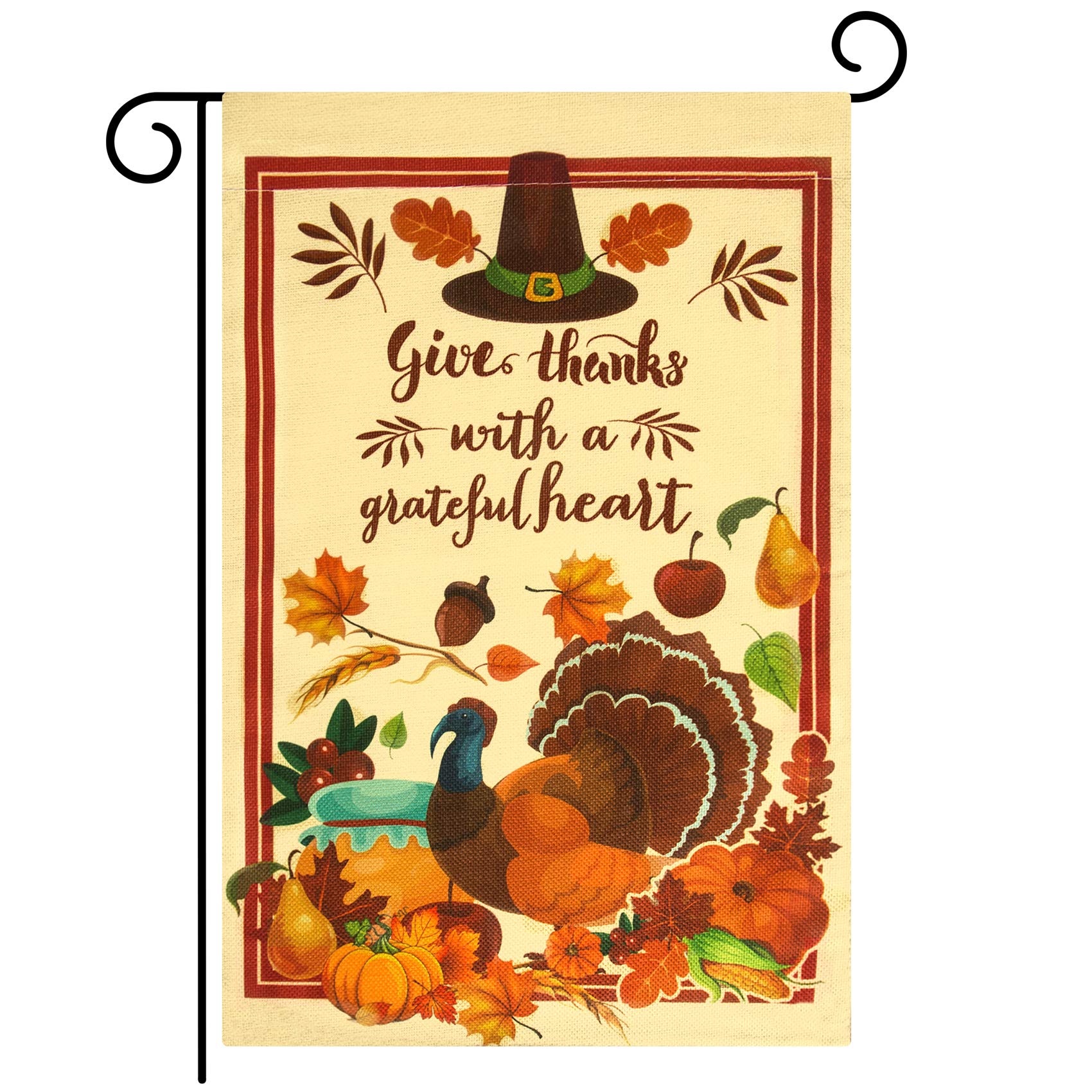 Unves Thanksgiving Garden Flag12x18, Double Sided Give Thanks Turkey Yard Flags with Pumpkin Fall Leaves Corn Grain, Holiday Rustic Vintage Autumn Harvest Decorations for House Outdoor Thanksgiving