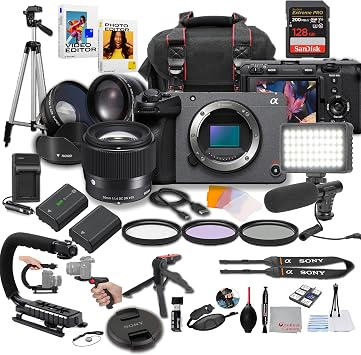 Sony FX30 Digital Cinema Camera with Sigma 56mm f/1.4 DC DN Lens, LED Light, Microphone, 128GB Extreme Speed, U-Grip, Filters, Tripod, Case, Software, More Pro Video Bundle 38pc