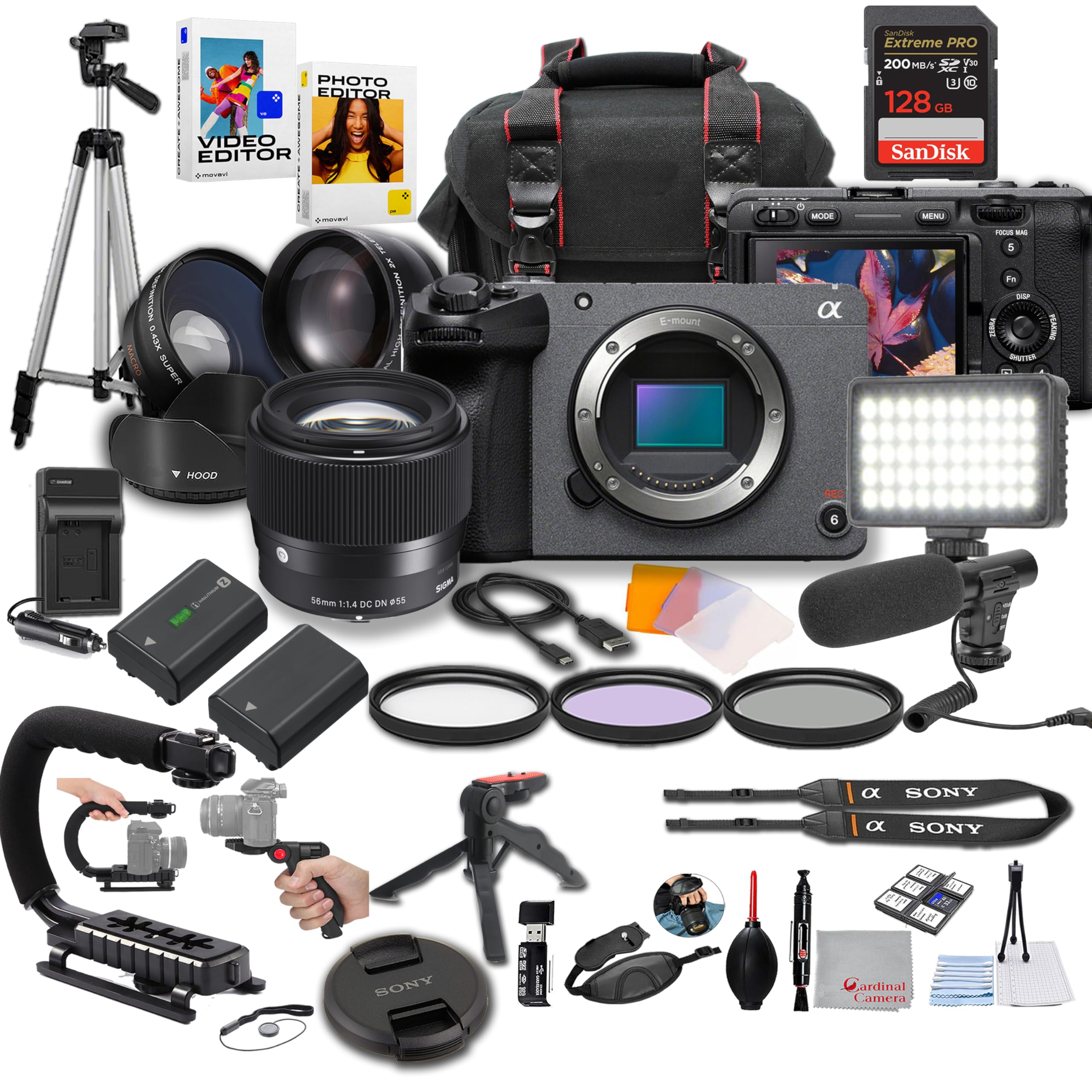 Sony FX30 Digital Cinema Camera with Sigma 56mm f/1.4 DC DN Lens, LED Light, Microphone, 128GB Extreme Speed, U-Grip, Filters, Tripod, Case, Software, & More – Pro Video Bundle (38pc)