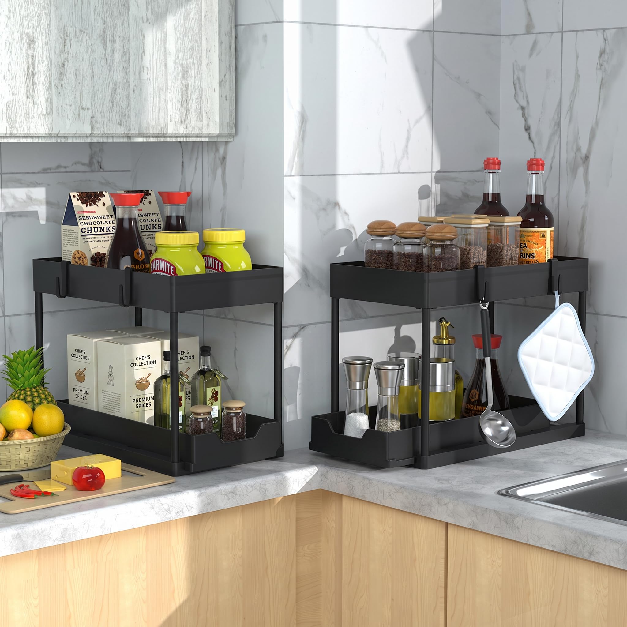 DEKAVA Organizador Bajo Fregadero Deslizable 2 Niveles, Estante del organizador de la cocina de gran capacidad, almacenamiento deslizante bajo la cocina, baño, fregadero doméstico, negro