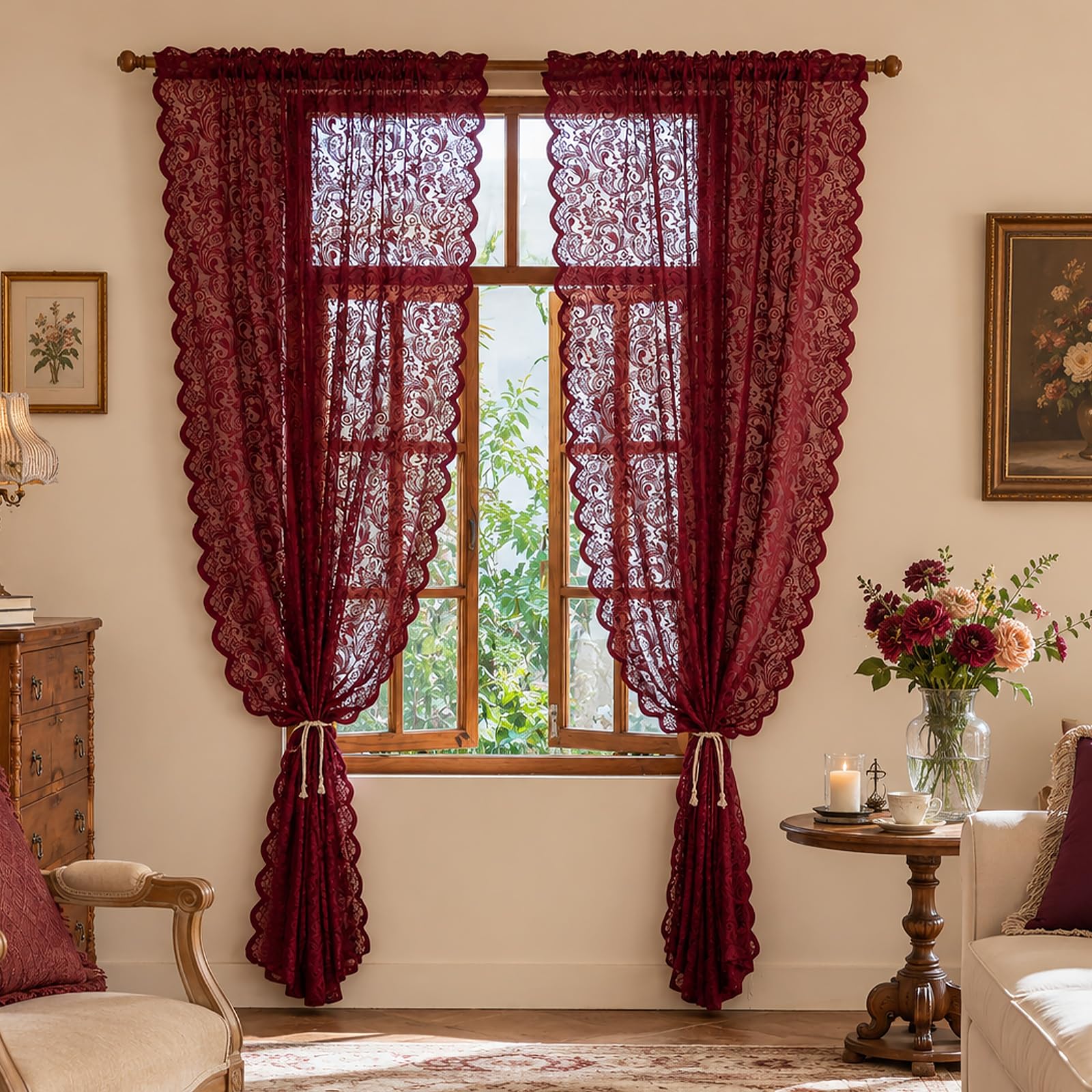 ALIGOGO Wine Red Lace Curtains 108 Inche Long Set of 2, Modern Sheer Burgundy Curtains for High Ceiling Dining Room, French Romantic Rod Pockert Privacy Window Treatments Neutral Décor, 52x108