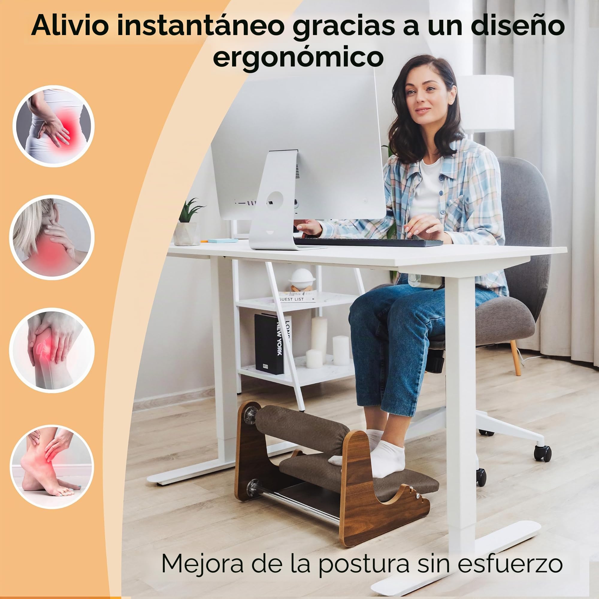 Reposapiés ergonómico de madera, 3 alturas ajustables (6/8/10 cm) - Soporte de tobillo de gamuza suave - Base basculante antideslizante - Comodidad para teletrabajo y oficina