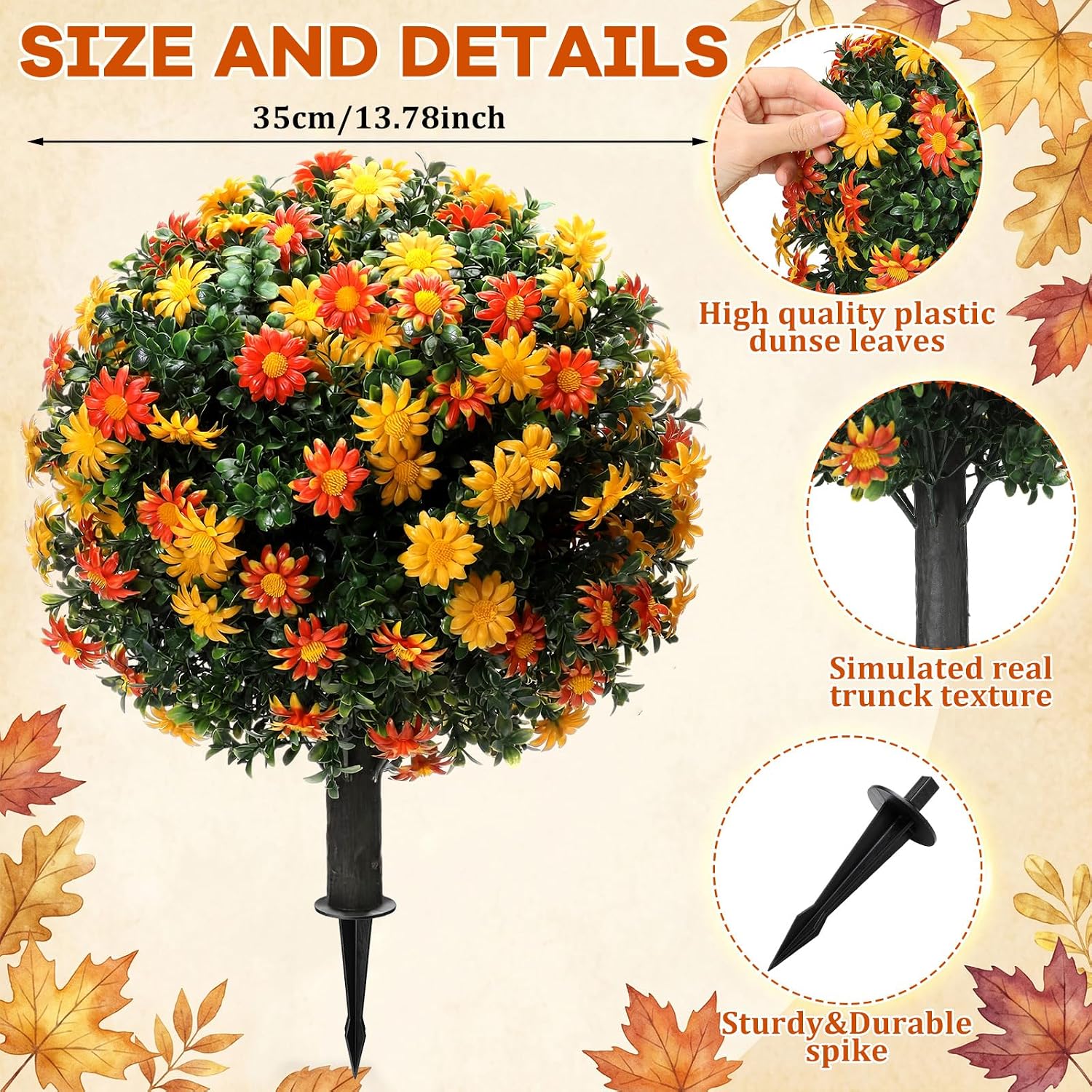 2 Pack Fall Artificial Mums Topiary Ball Tree Outdoor Fake Mums Boxwood Plants 22 Inch Faux Autumn Flowers with Ground Spike Flower for Garden Yard Porch Patio Autumn Decor