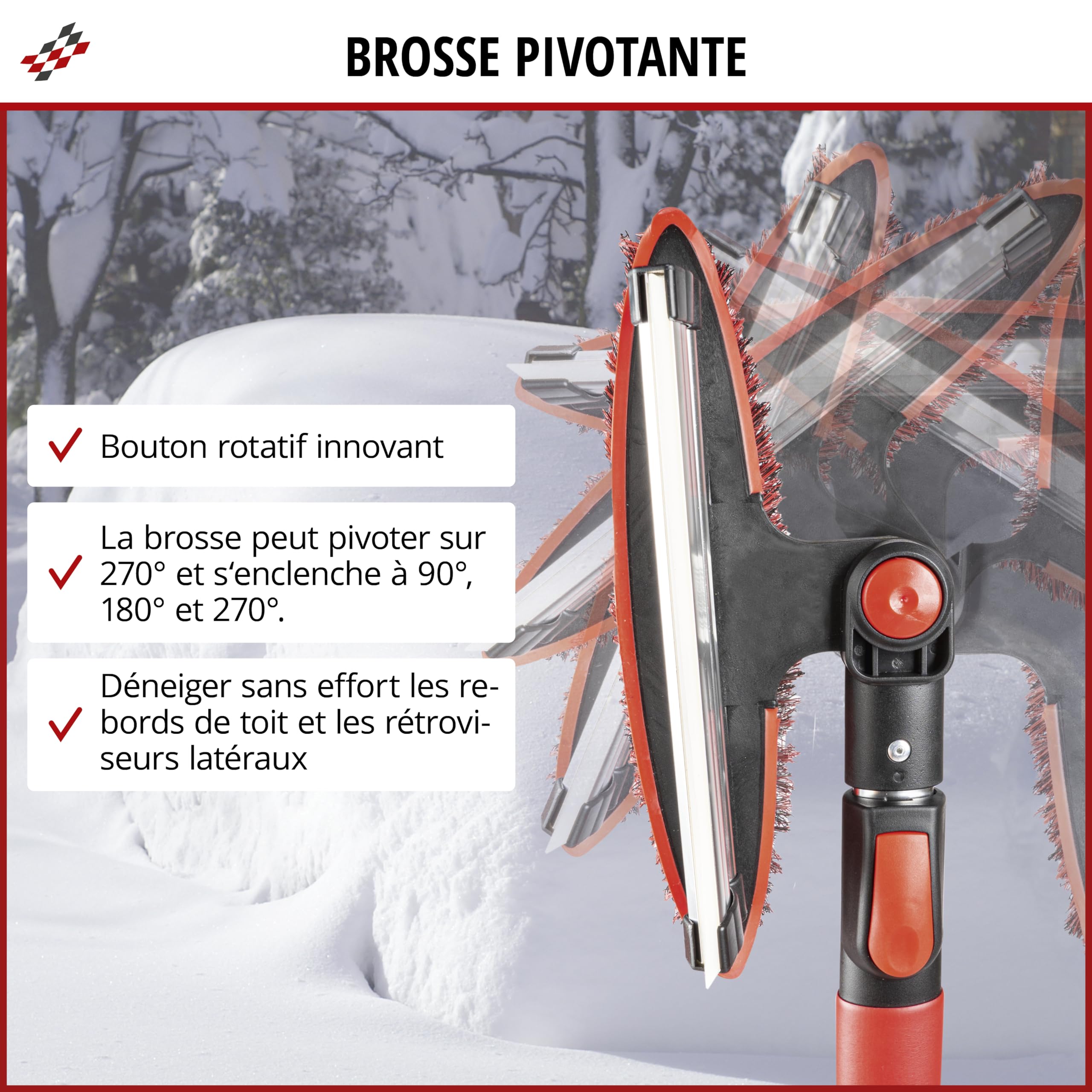 WALSER Balai à neige 3en1 avec grattoir à glace télescopique, grattoir à glace avec manche télescopique 92-132 cm rouge/noir