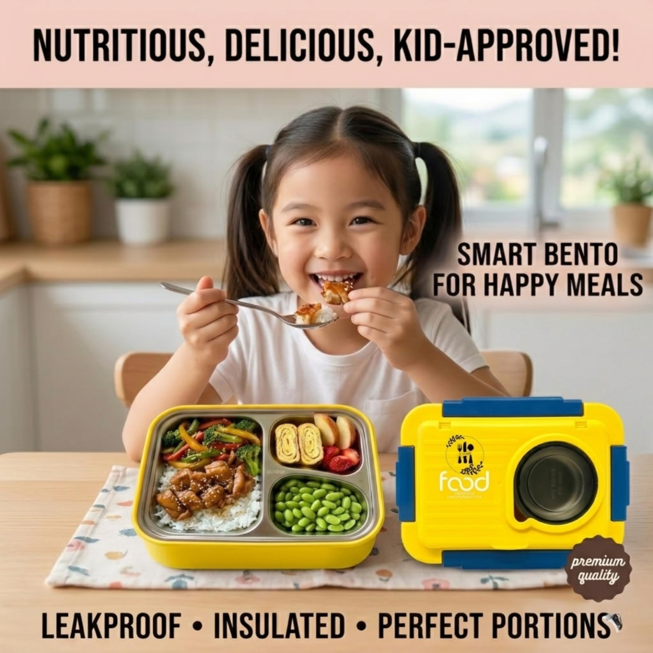 Kitchen Bloom Stainless Steel Bento Lunch Box 3 Compartment with Steel Cutlery, Heating Insulation | Lunch Box for Office Men, Women & Kids | Tiffin Box (Blue & Yellow) 1000 ML 1
