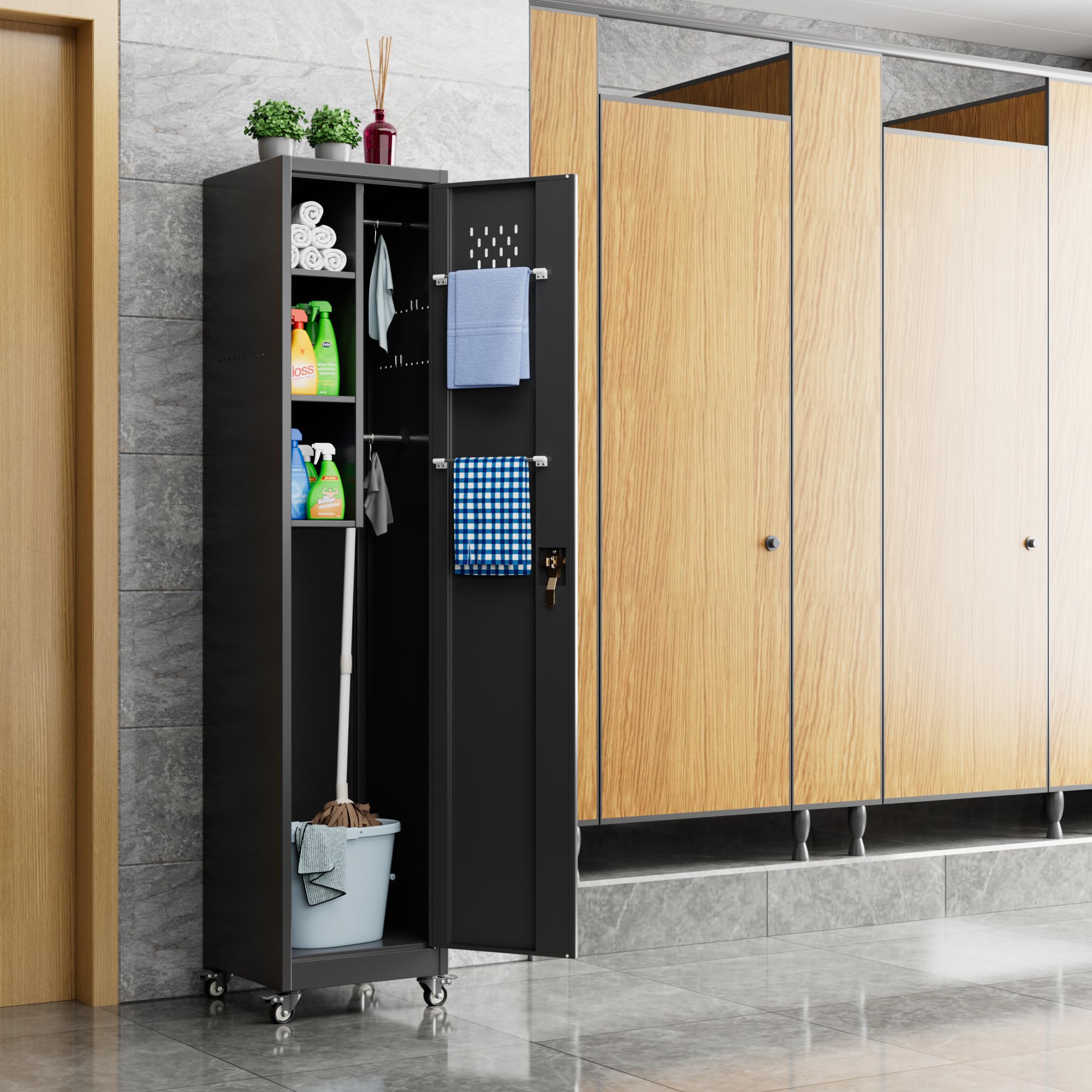 METALYEYE 72''H Metal Broom Closet Storage Cabinet with Wheels & Pegboards, Mops Broom Closet Organizer with Locking Door & Hanging Rod,Cleaning Tool Garage Storage Cabinet,Assembly Required,Black