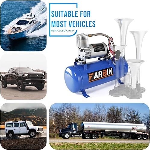 Vista 9 de FARBIN - Bocina de aire de 4 trompetas, 12/24 V, 178 dB, superpotente, incluye solenoide eléctrico, universal, para trenes, camiones, SUV y lanchas