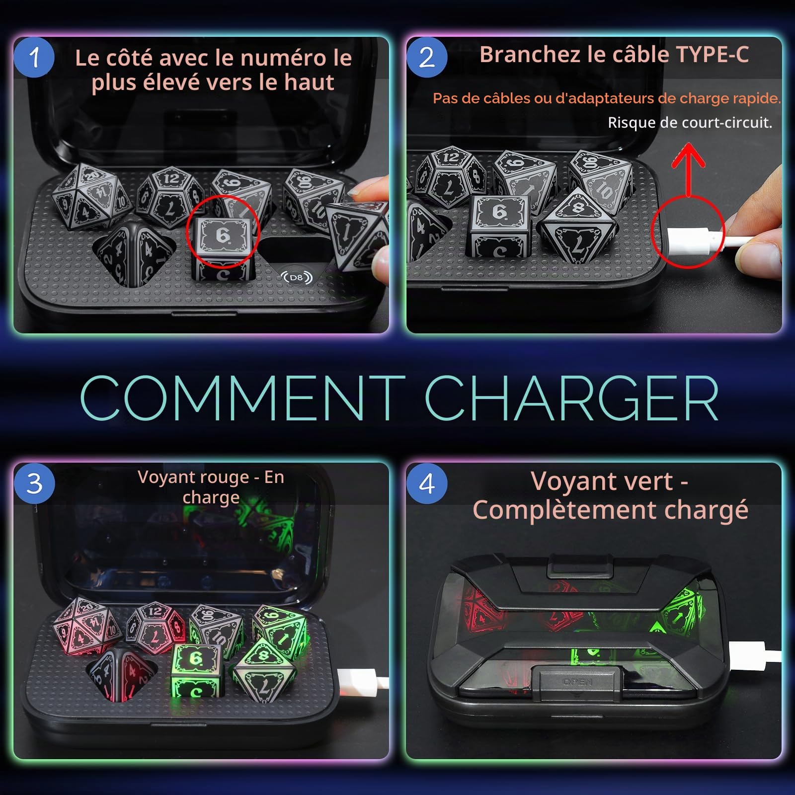 FONVGOGO Dés JDR Dés Jeu de Role pour Donjon et Dragon, Set de des JDR 7 Pièces Lumineux sans Fil Rechargeables avec Boîtier de Chargement Polyédriques DND Dice Set (Coloré)