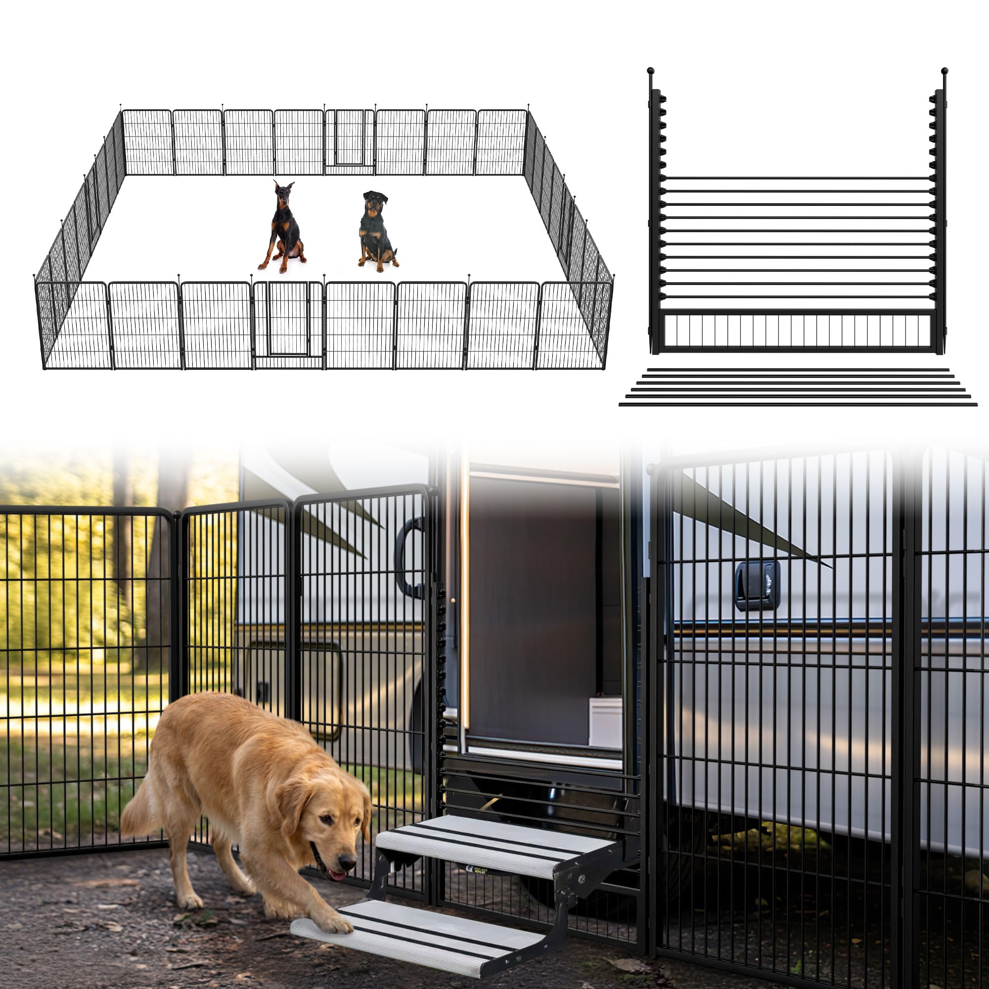 FXW Instant Unleashed Dog Playpen, Portable Pet Fence for Outdoor, RV Trips, and Camping, 40 inch, 32 Panels for Medium and Large Dogs with RV Step