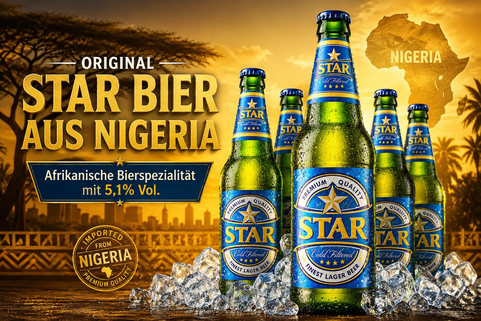 Star Bier Nigeria 12 x 450ml Flaschen Bier aus Afrika mit 5,1% Vol. Premium Lagerbier Importbier aus Nigeria Mild Würzig Vollmundig Exotisches Bierpaket für Bierliebhaber