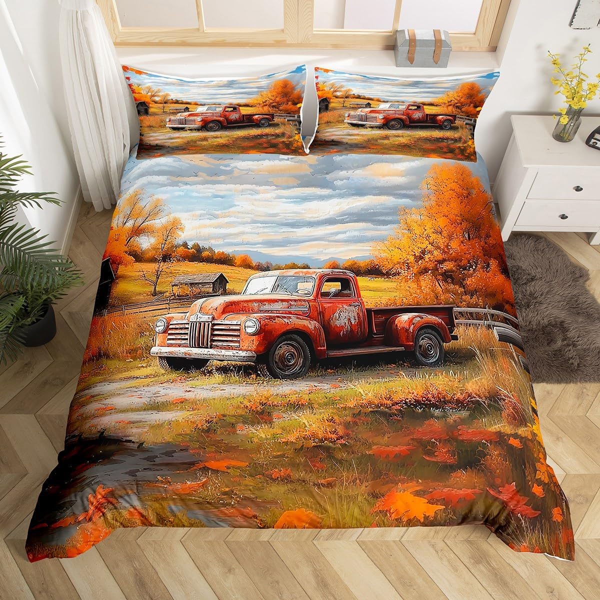 Erosebridal Farmhouse Duvet Cover Twin Size Old Barn Bedding Set for Young Teens Country Antique Pickup Truck Comforter Cover Blue Car White Flowers Retro Tree Spring Bedclothes