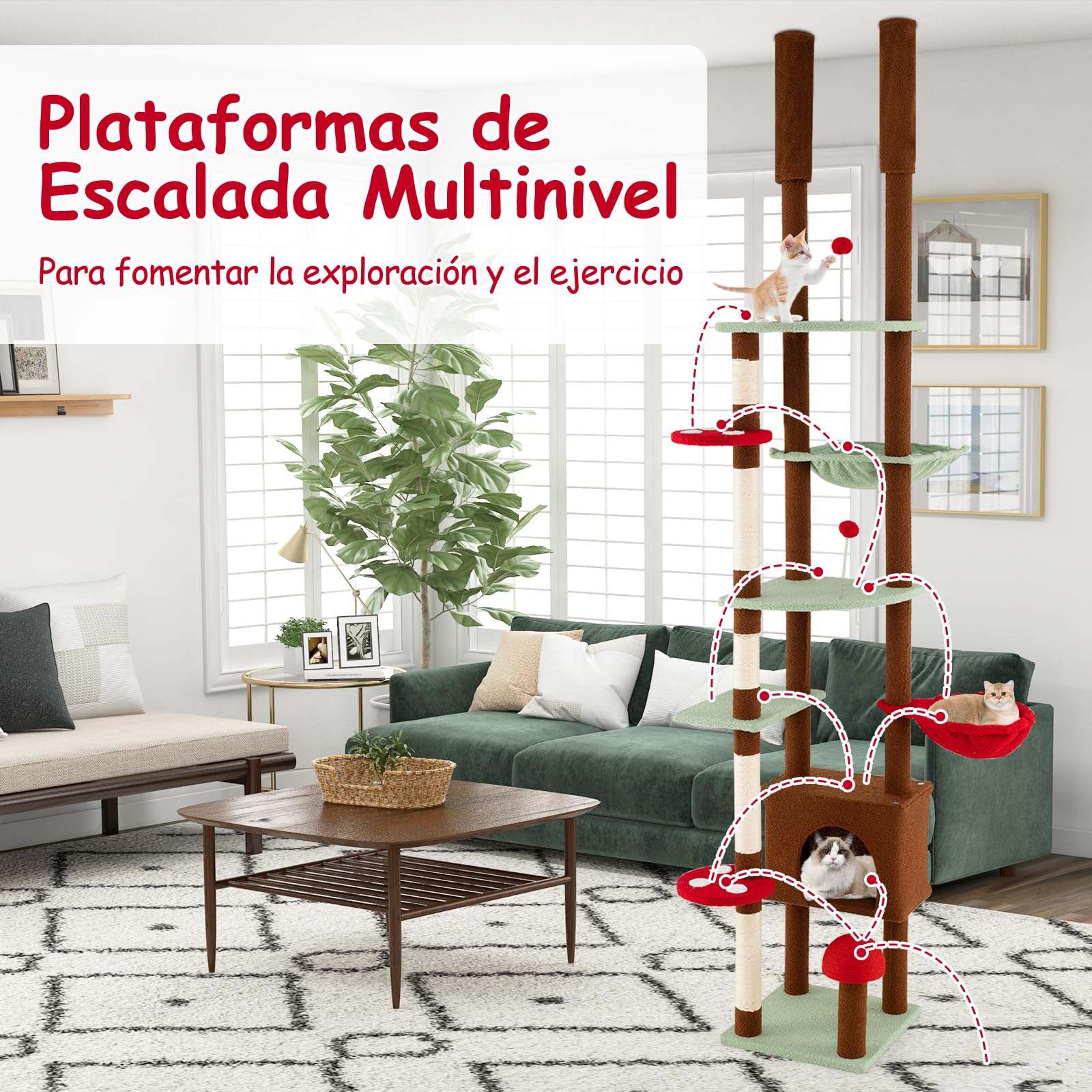 COSTWAY Árbol Rascador para Gatos de Suelo a Techo, Torre Rascador Alta para Gatos, Ajustable de 207-277 cm, con Condo y Hamaca, Cesta Colgante, Postes para Rascar de Sisal, 2 Pelotas con Resorte