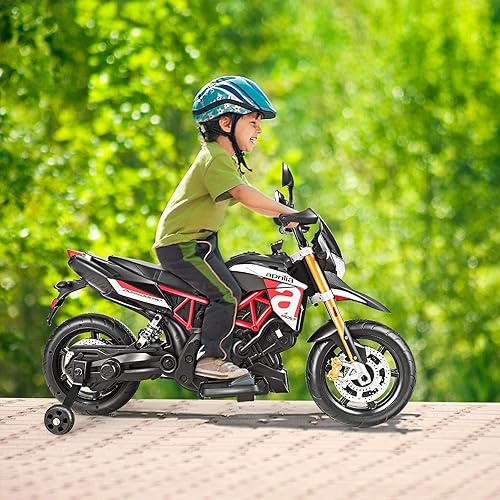Miniatura 2 de OLAKIDS Motocicleta para niños de 12 V motor eléctrico con licencia Aprilia con ruedas de entrenamiento suspensión de resorte música cuerno luces