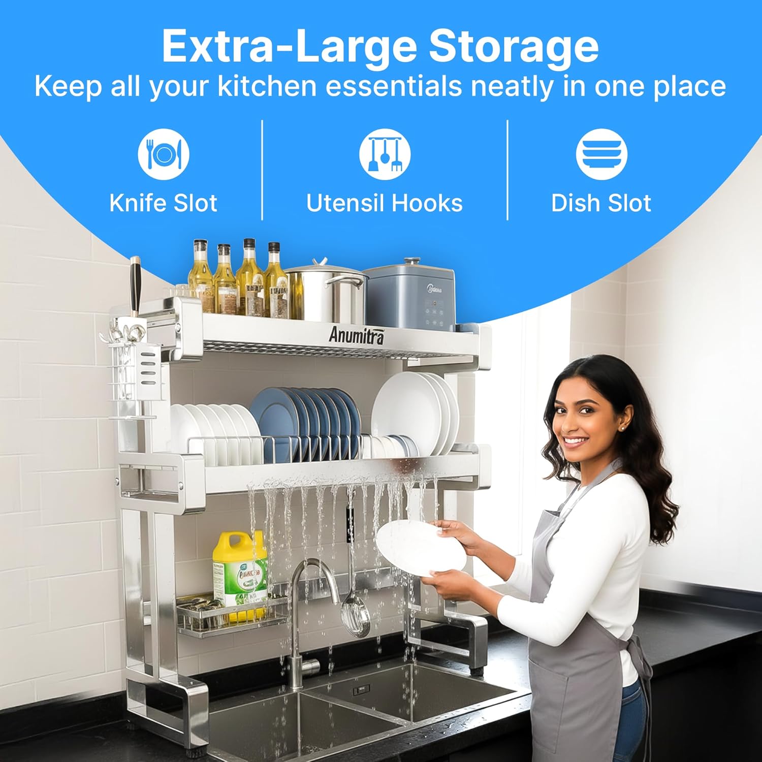 ANUMITRA Over Sink Dish Drying Rack – Stainless Steel 3-Tier 33.5 in Dish Drainer Rack, Space-Saving Kitchen Sink Organizer with Plate & Bowl Holders, Cutting Board Rack, Utensil Cup, Adjustable Feet