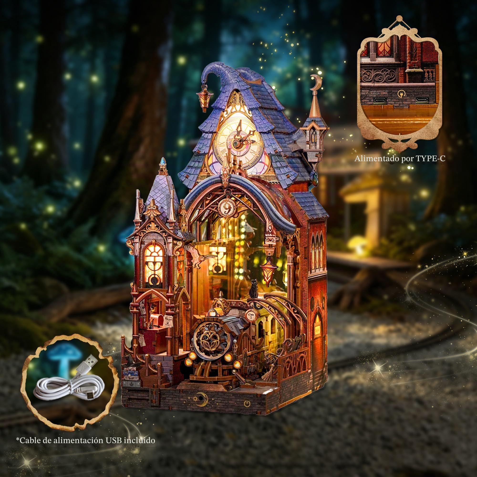 Tonecheer Puzzle 3D LED Book Nook Miniatura mágica interactiva con Espacio de expansión Infinito, Inserto DIY para estantería, decoración y Regalo Creativo (Estación Mágica)
